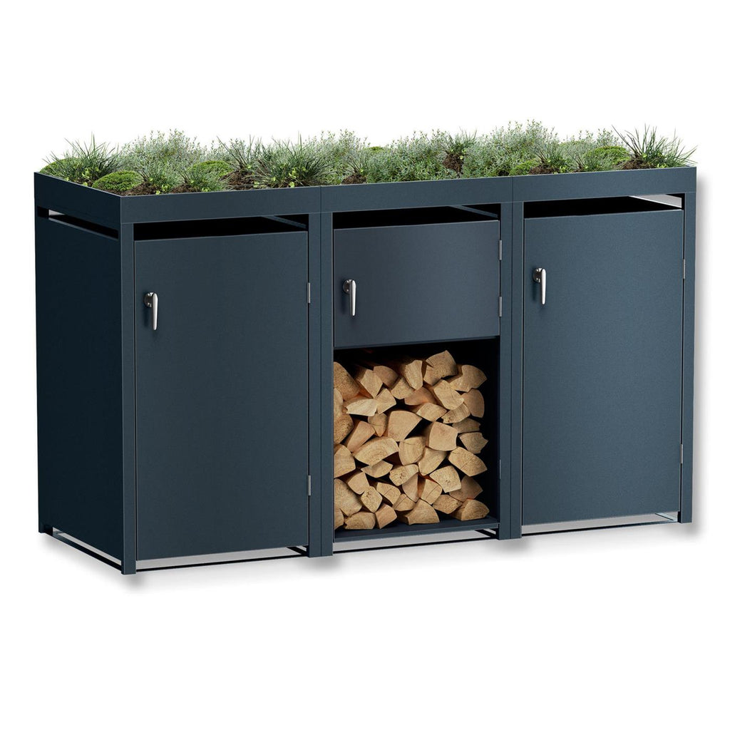 Metzler Mülltonnenbox mit Pflanzdach und Brennholzregal | 3er | 240l | Anthrazit RAL 7016  | aus Stahl | rostfrei & massiv