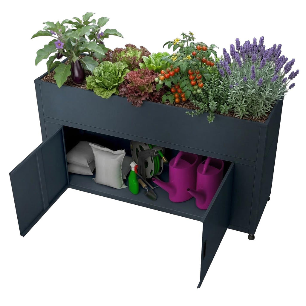 Metzler Hochbeet mit Stauraum | Pulverbeschichtet in Anthrazit RAL 7016 | 160 x 85 x 50 cm