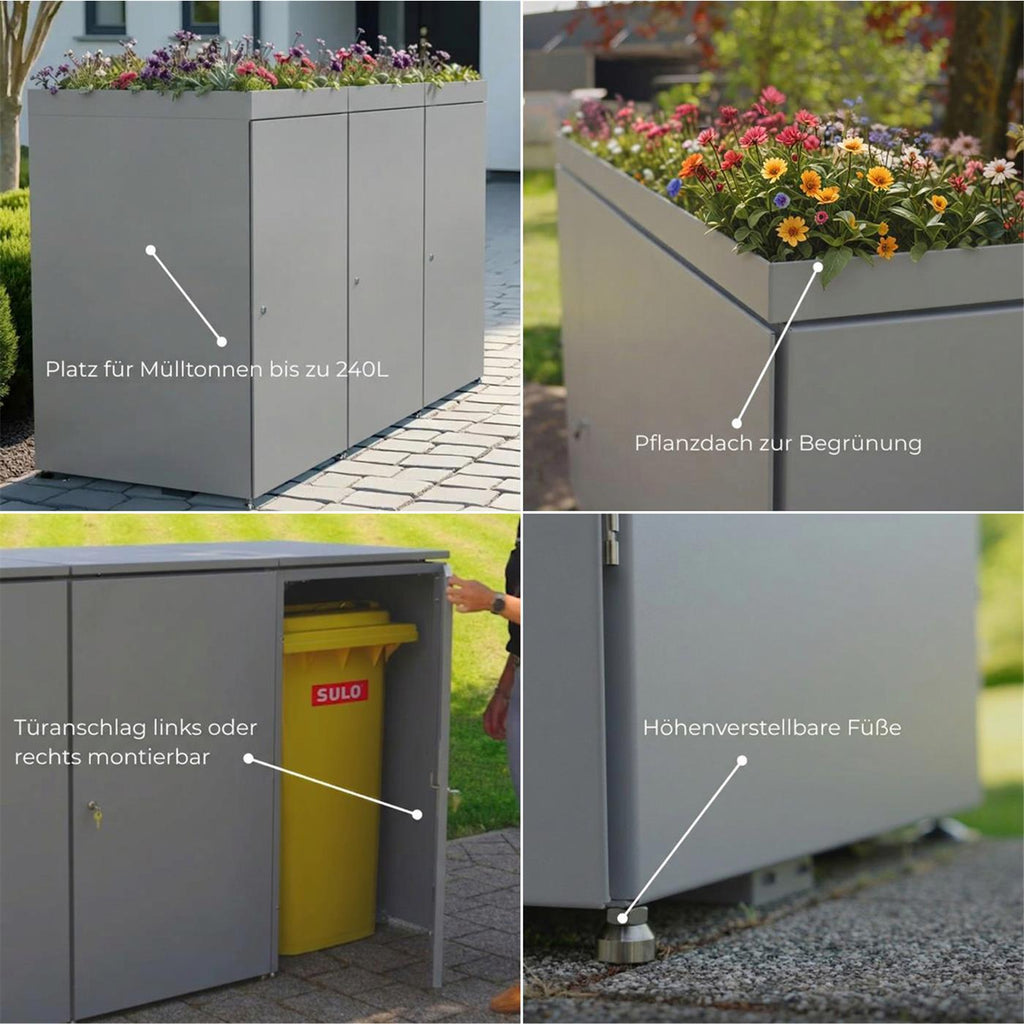 Metzler Mülltonnenbox mit Pflanzdach | 3er | 240l | aus Aluminium | rostfrei & massiv