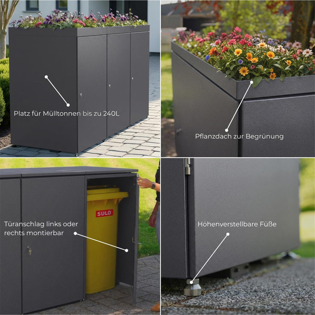 Metzler Mülltonnenbox mit Pflanzdach | 4er | 240l | aus Aluminium | rostfrei & massiv