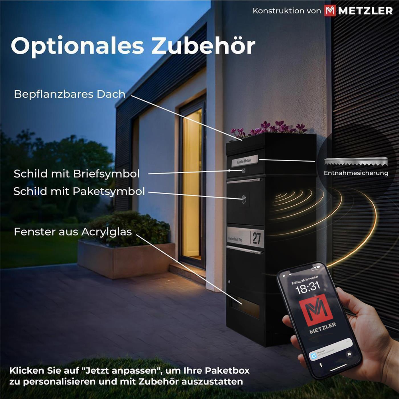 Metzler Paketbox mit Briefkasten | LED | personalisiert mit Gravur | Bispo 2