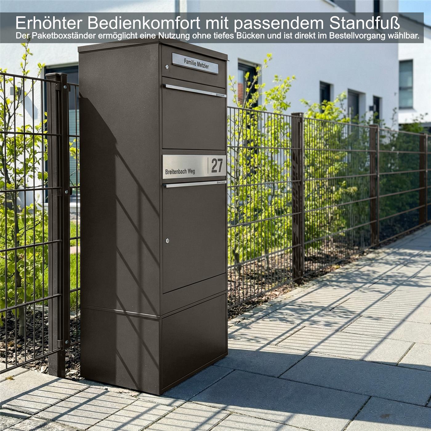 Metzler Paketbox mit Briefkasten | personalisiert mit Gravur | Edelstahl-Namensschild | mit Briefeinwurf | Bispo 2