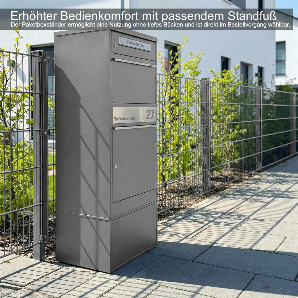 Metzler Paketbox mit Briefkasten | personalisiert mit Gravur | Edelstahl-Namensschild | mit Briefeinwurf | Bispo 2