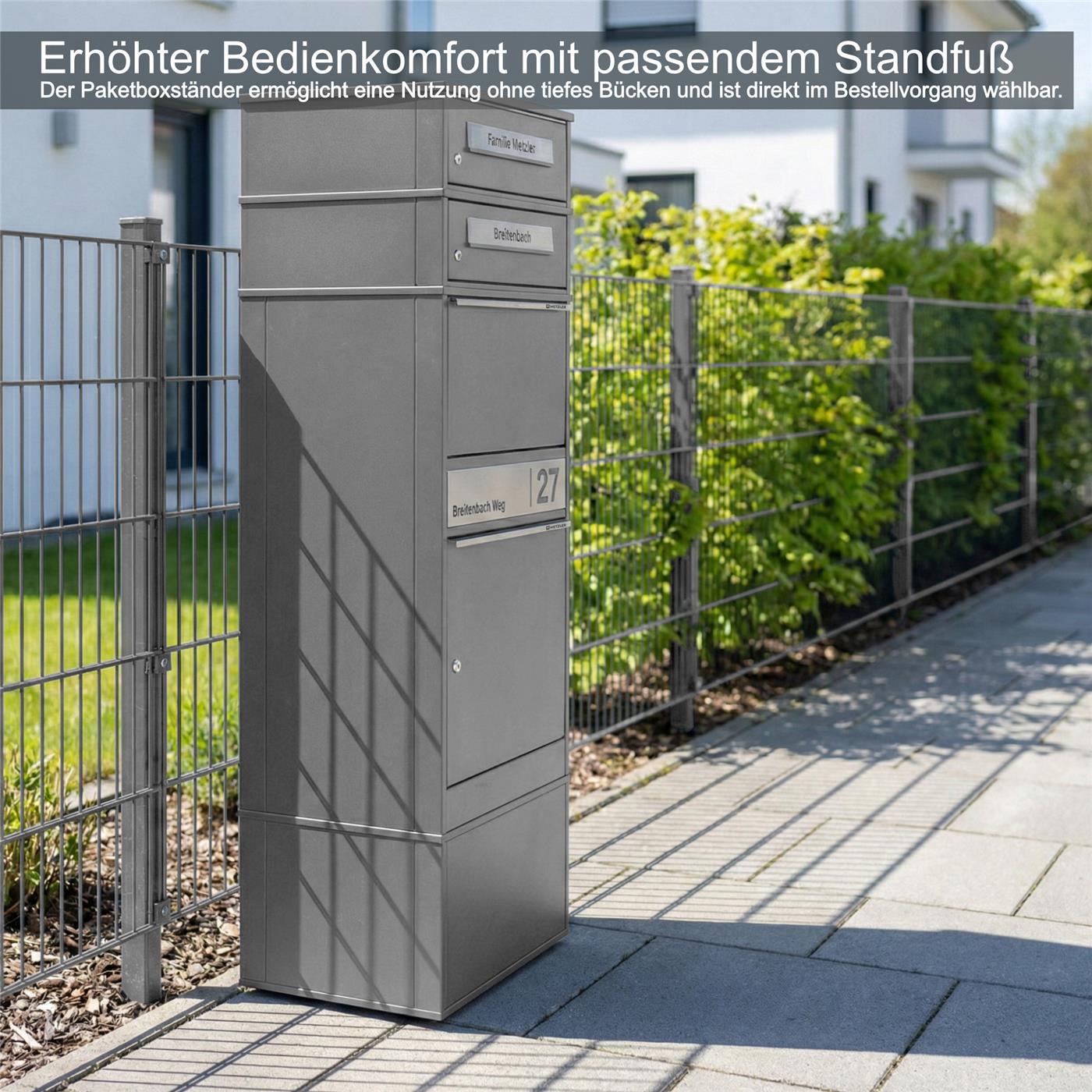 Metzler Paketbox mit 2 Briefkästen | personalisiert mit Gravur | Edelstahl-Namensschild | mit Briefeinwurf | Bispo 2