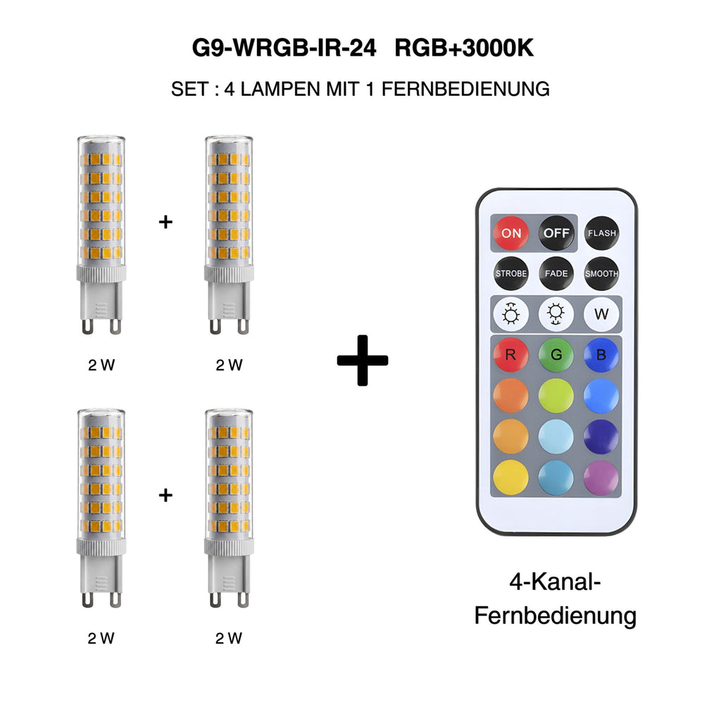 Metzler G9 LED Leuchtmittel RGBW | Dimmbar per Fernbedienung | 4er Set | Farbwechsel