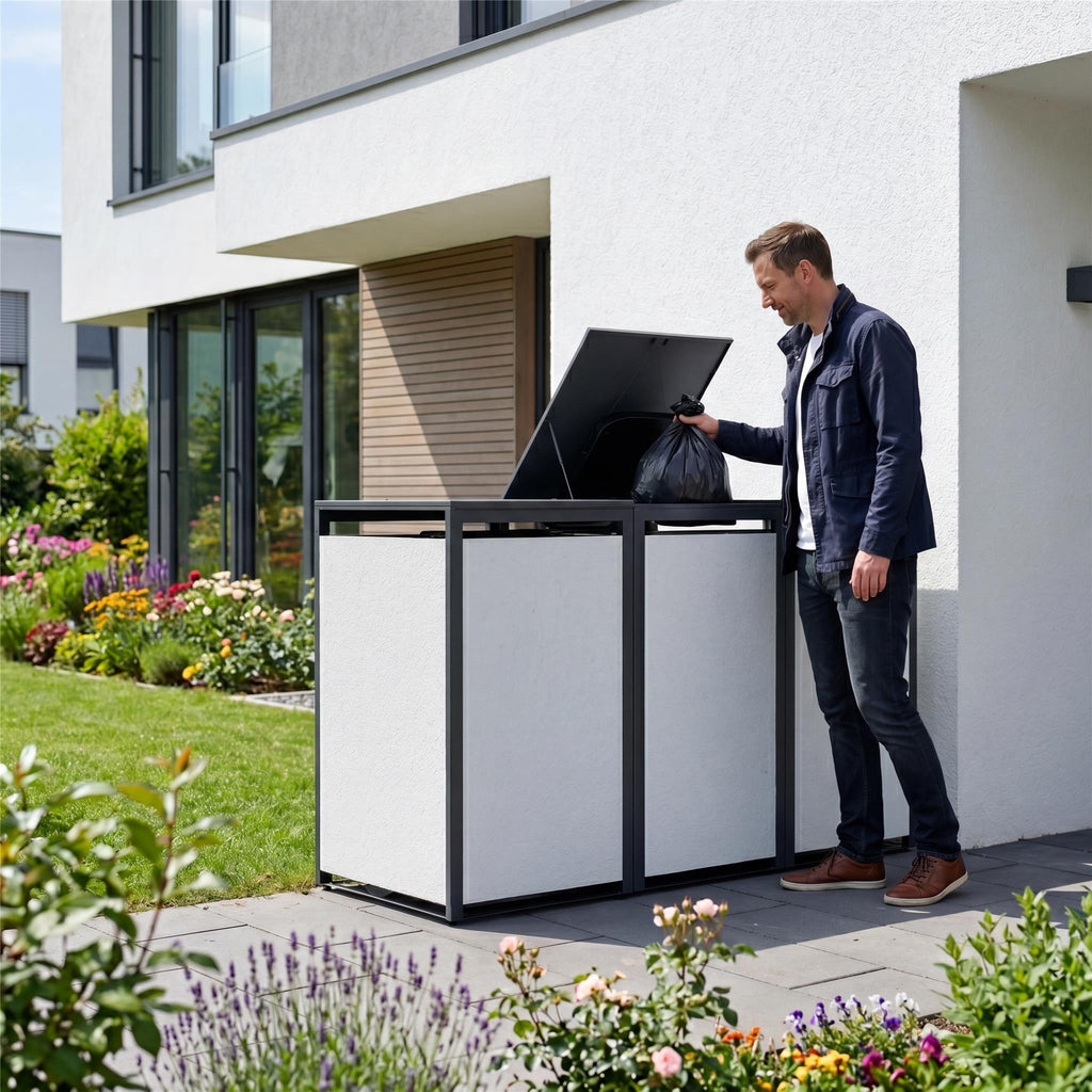 Metzler Mülltonnenbox mit Rauputz | 3er | 240L | aus Stahl | Witterungsbeständig | Weiß