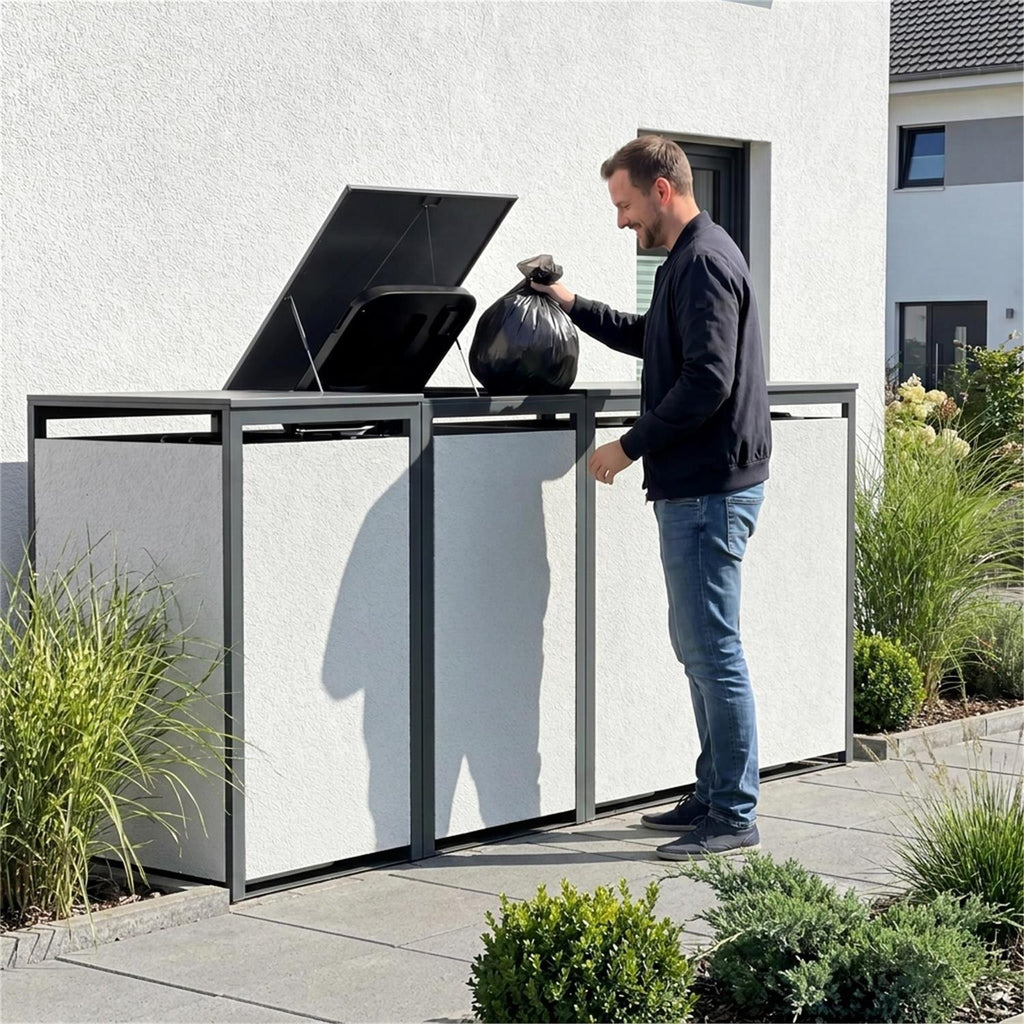 Metzler Mülltonnenbox mit Rauputz | 4er | 240L | aus Stahl | Witterungsbeständig | Weiß