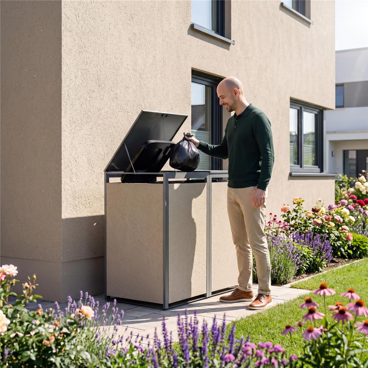 Metzler Mülltonnenbox mit Rauputz | 2er | 240L | aus Stahl | Witterungsbeständig | Beige
