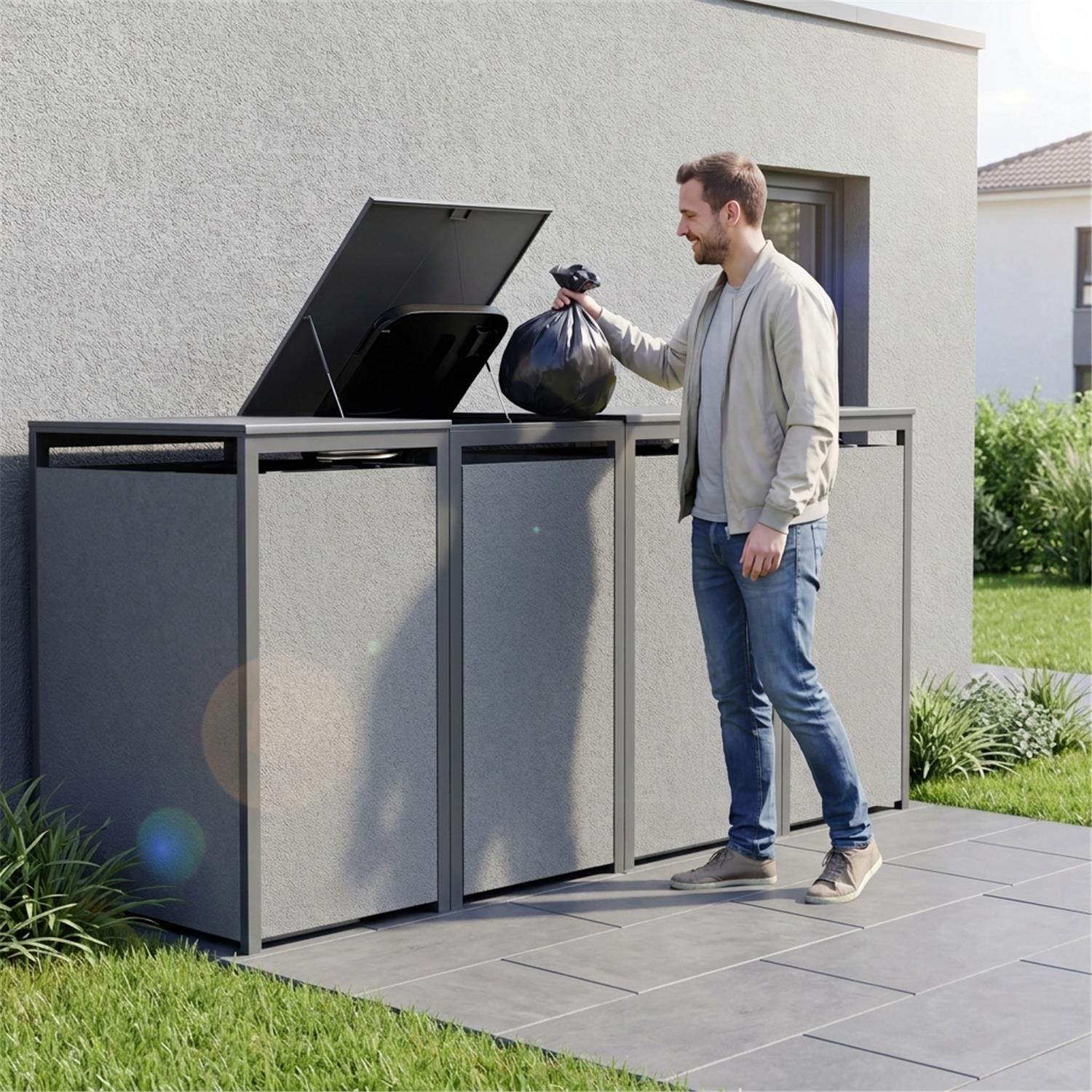 Metzler Mülltonnenbox mit Rauputz | 4er | 240L | aus Stahl | Witterungsbeständig | Grau