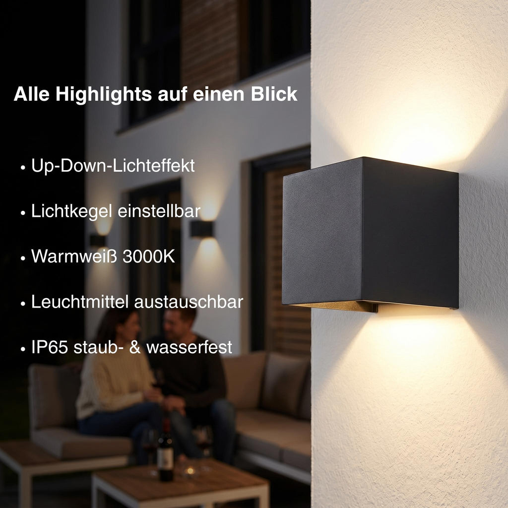 Metzler LED Wandleuchte Up-Down | IP65 | Lichtkegel einstellbar | 9W | warmweiß 3000K | austauschbares G9 Leuchtmittel | Cube