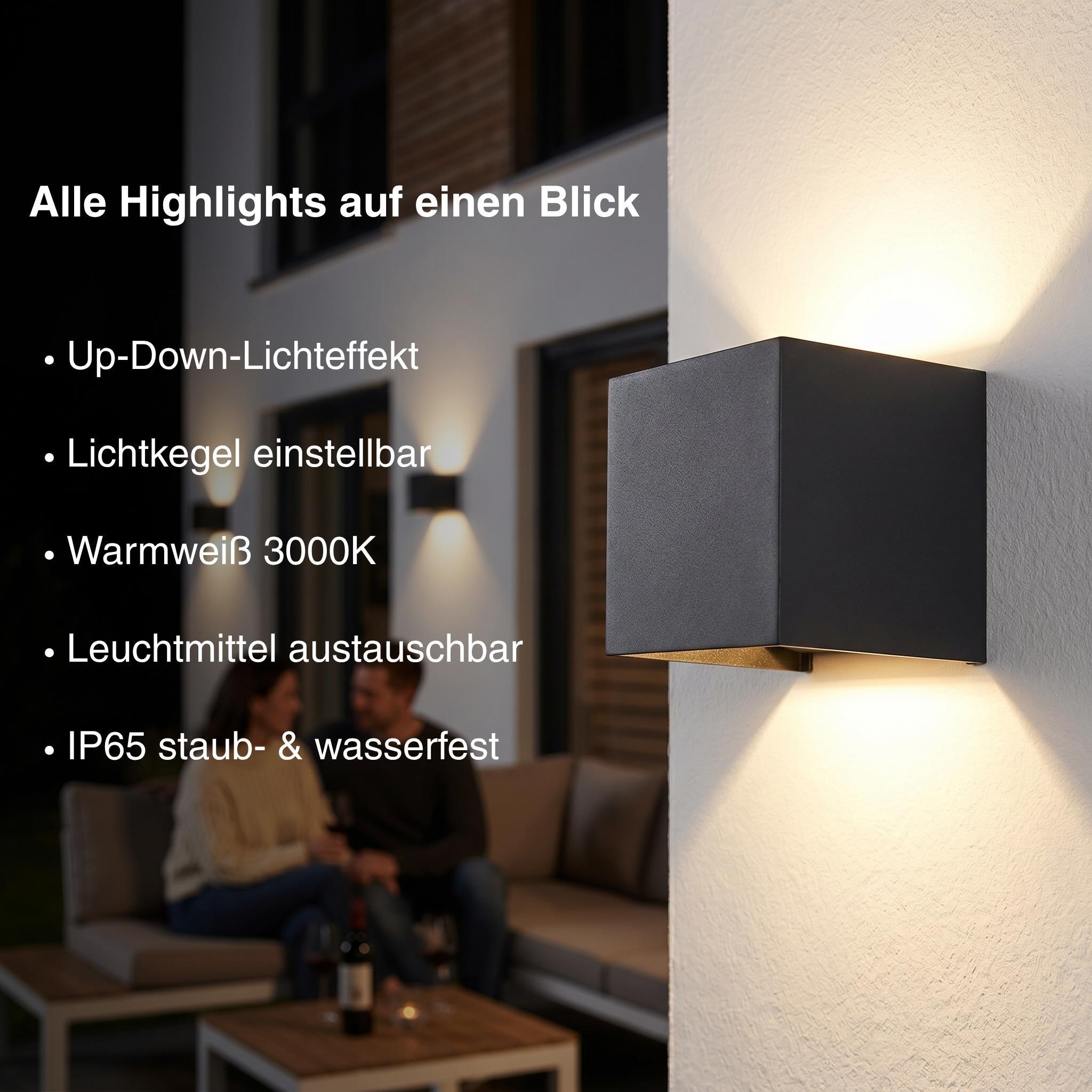 Metzler LED Wandleuchte Up-Down | IP65 | Lichtkegel einstellbar | 9W | warmweiß 3000K | austauschbares G9 Leuchtmittel | Cube