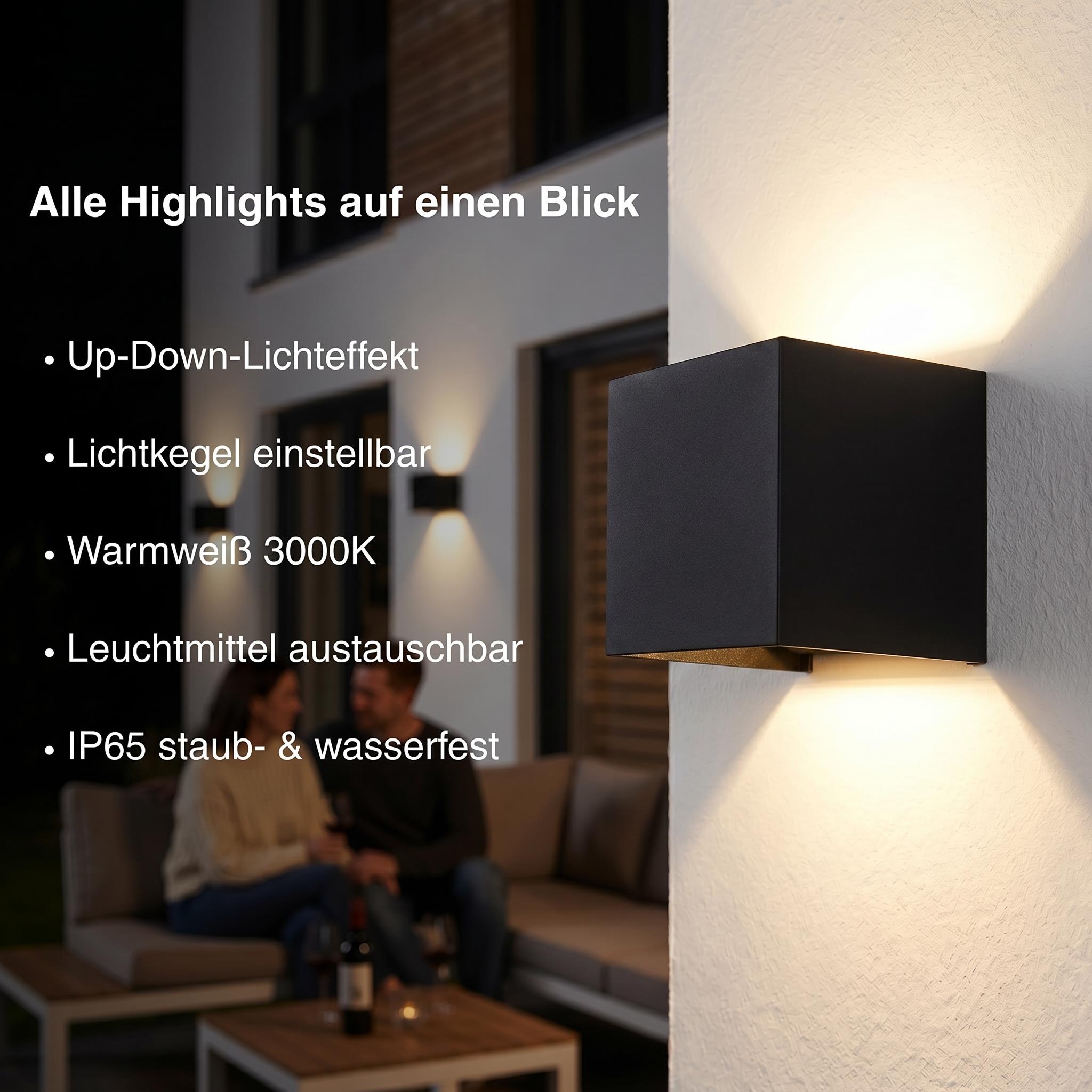 Metzler LED Wandleuchte Up-Down | IP65 | Lichtkegel einstellbar | 9W | warmweiß 3000K | austauschbares G9 Leuchtmittel | Cube
