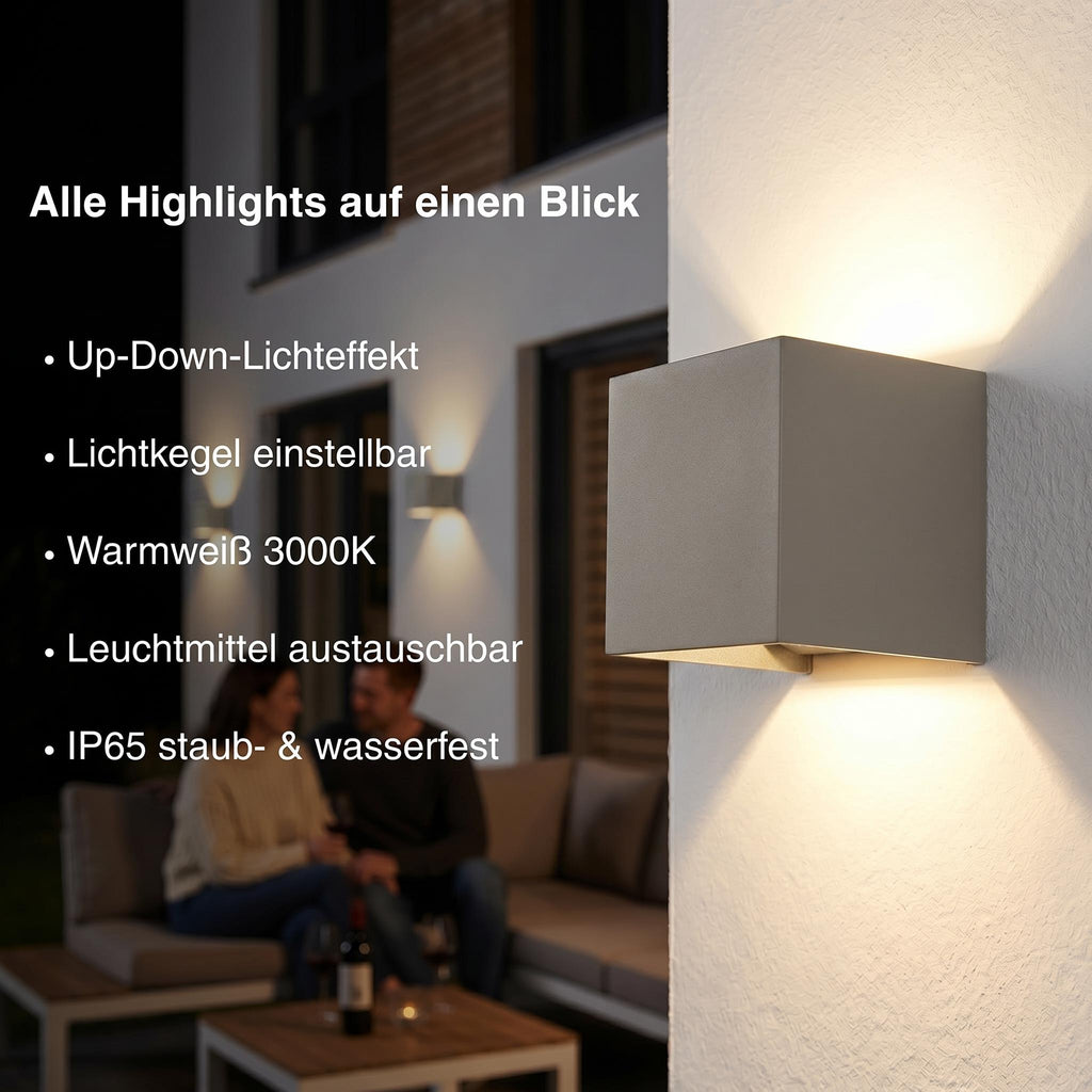 Metzler LED Wandleuchte Up-Down | IP65 | Lichtkegel einstellbar | 9W | warmweiß 3000K | austauschbares G9 Leuchtmittel | Cube