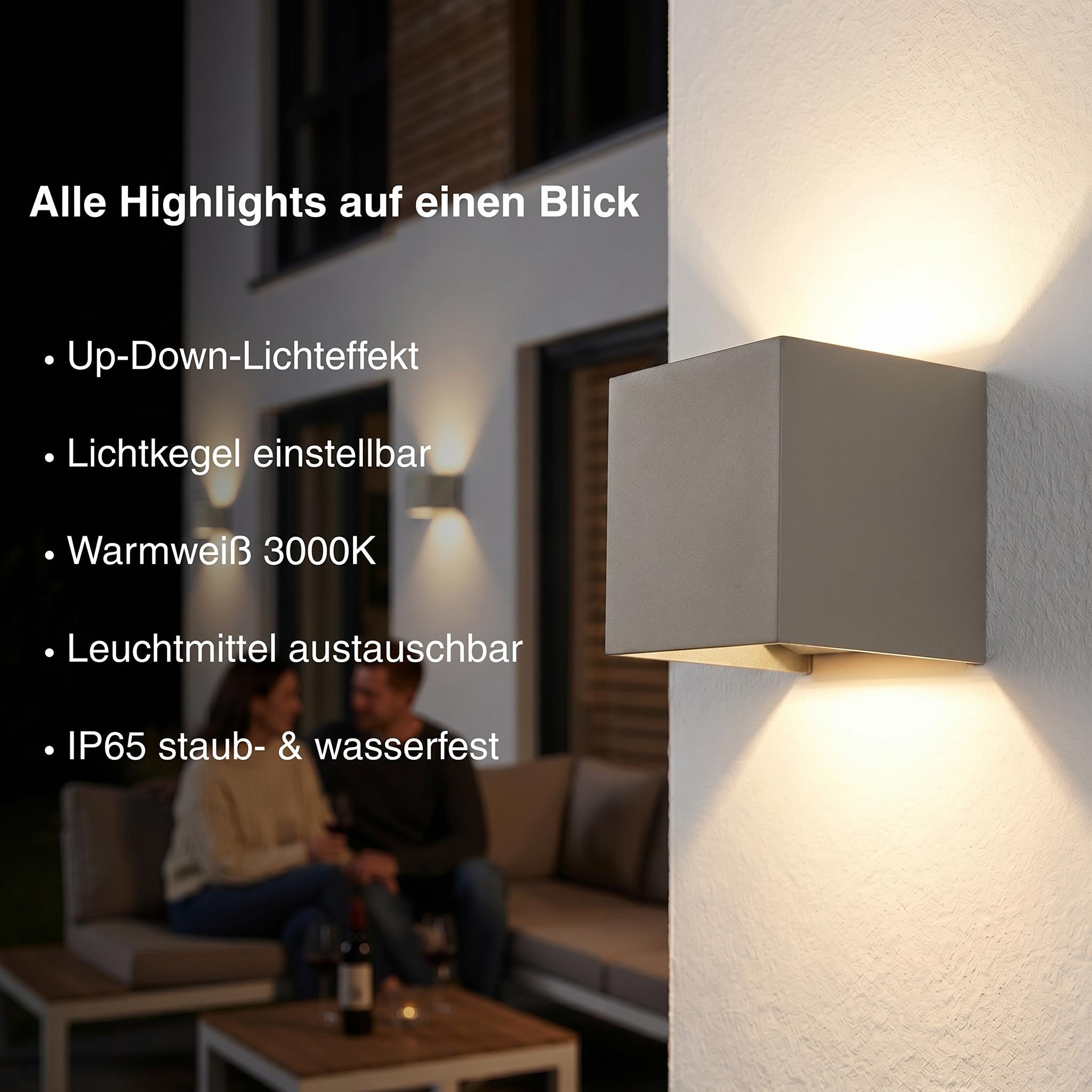 Metzler LED Wandleuchte Up-Down | IP65 | Lichtkegel einstellbar | 9W | warmweiß 3000K | austauschbares G9 Leuchtmittel | Cube
