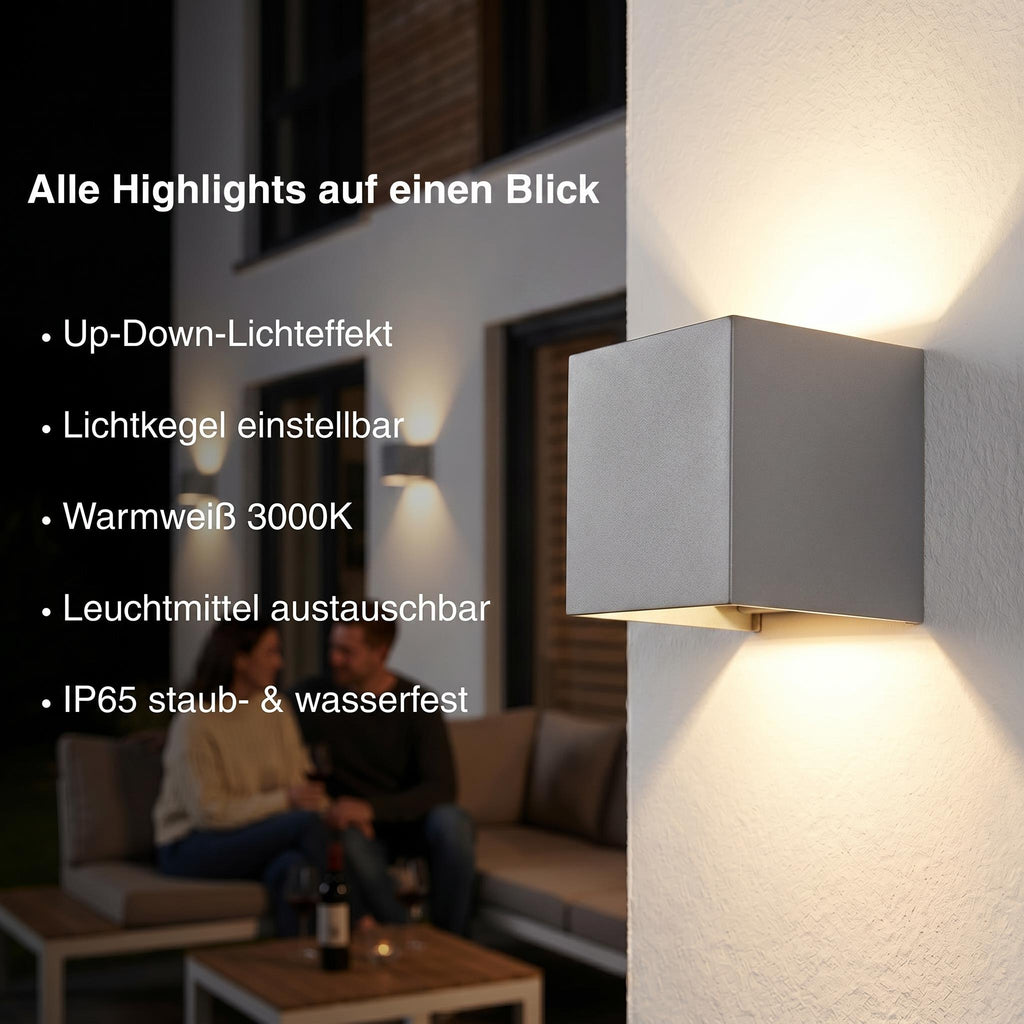 Metzler LED Wandleuchte Up-Down | IP65 | Lichtkegel einstellbar | 9W | warmweiß 3000K | austauschbares G9 Leuchtmittel | Cube