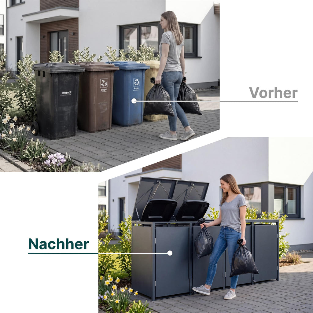 Metzler Mülltonnenbox | Freihändige Bedienung per Fußpedal | 4er | 240l | Stahl pulverbeschichtet | RAL 7016 Anthrazit