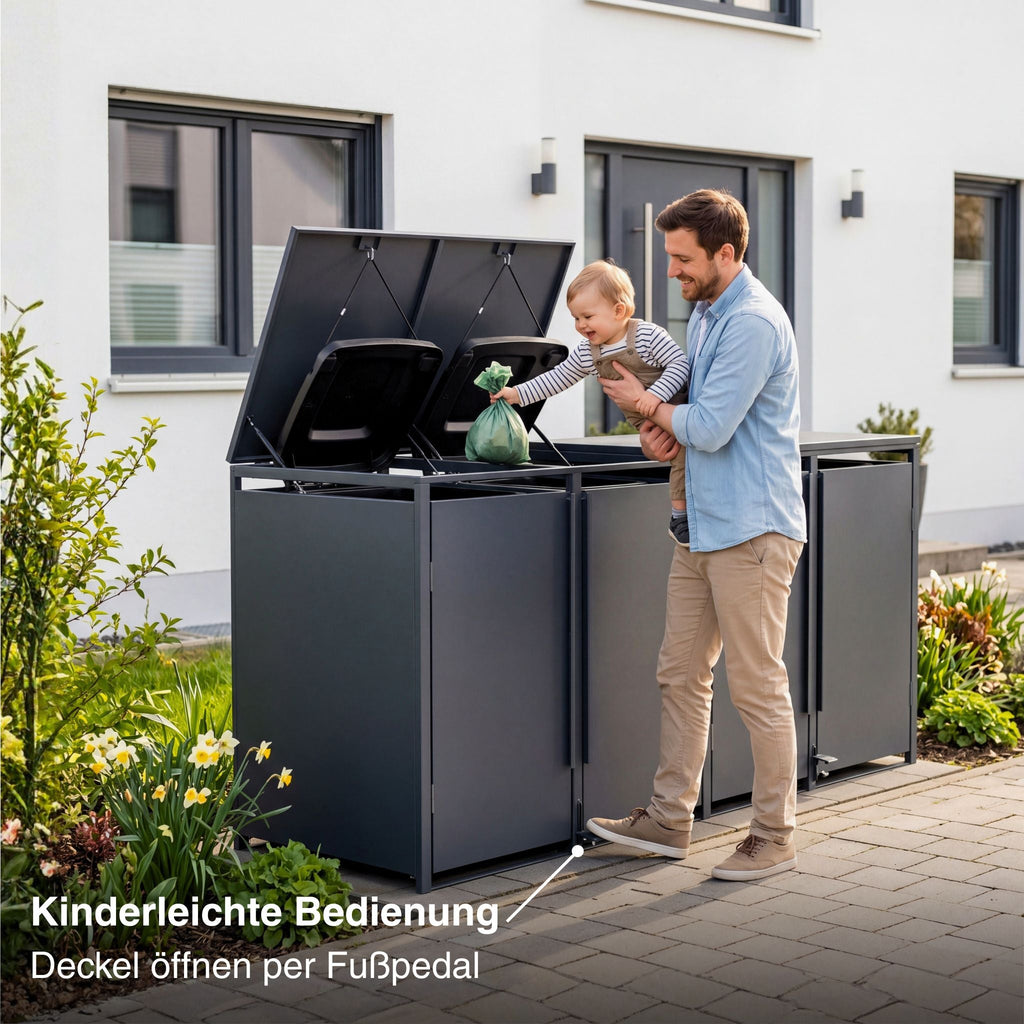 Metzler Mülltonnenbox | Freihändige Bedienung per Fußpedal | 4er | 240l | Stahl pulverbeschichtet | RAL 7016 Anthrazit