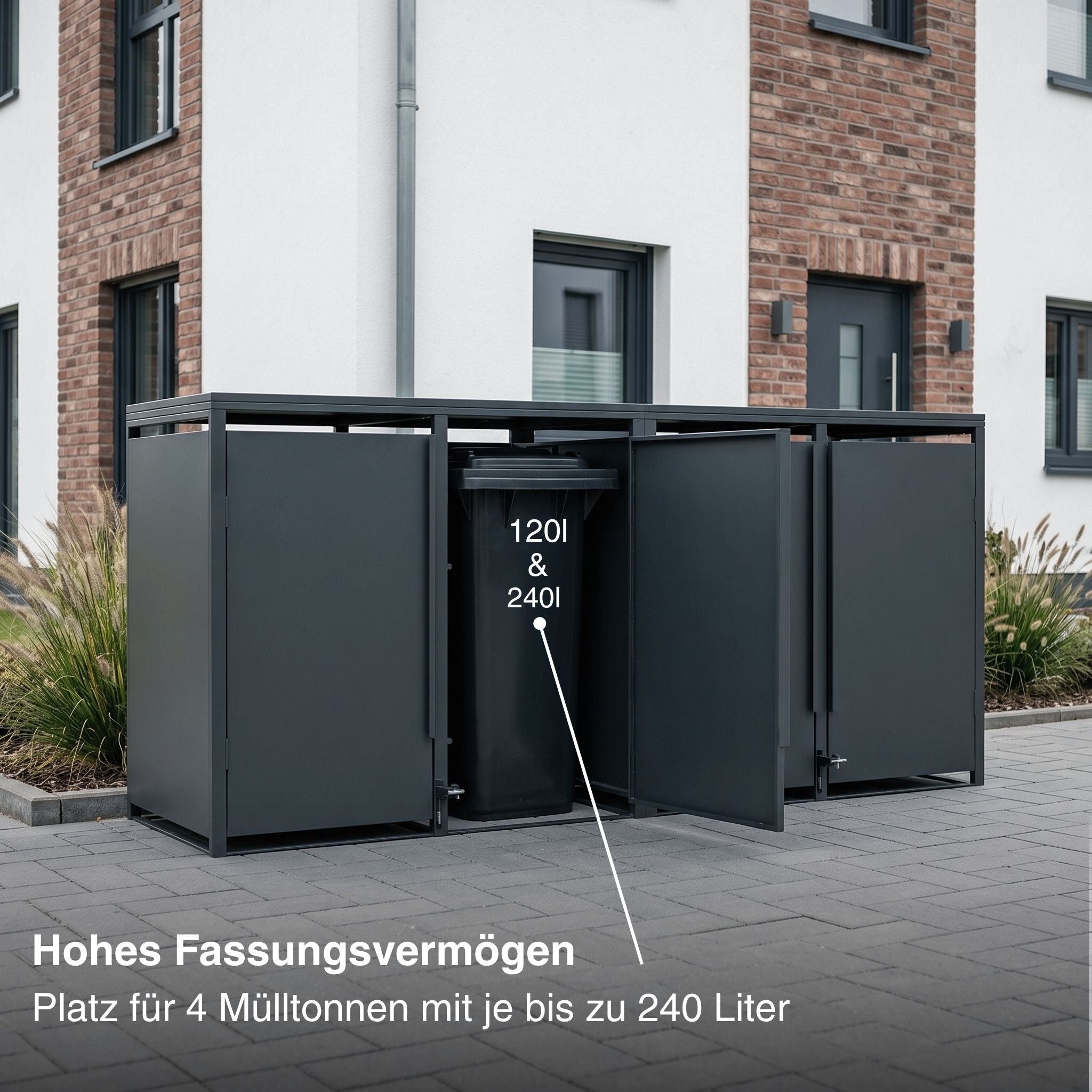 Metzler Mülltonnenbox | Freihändige Bedienung per Fußpedal | 4er | 240l | Stahl pulverbeschichtet | RAL 7016 Anthrazit