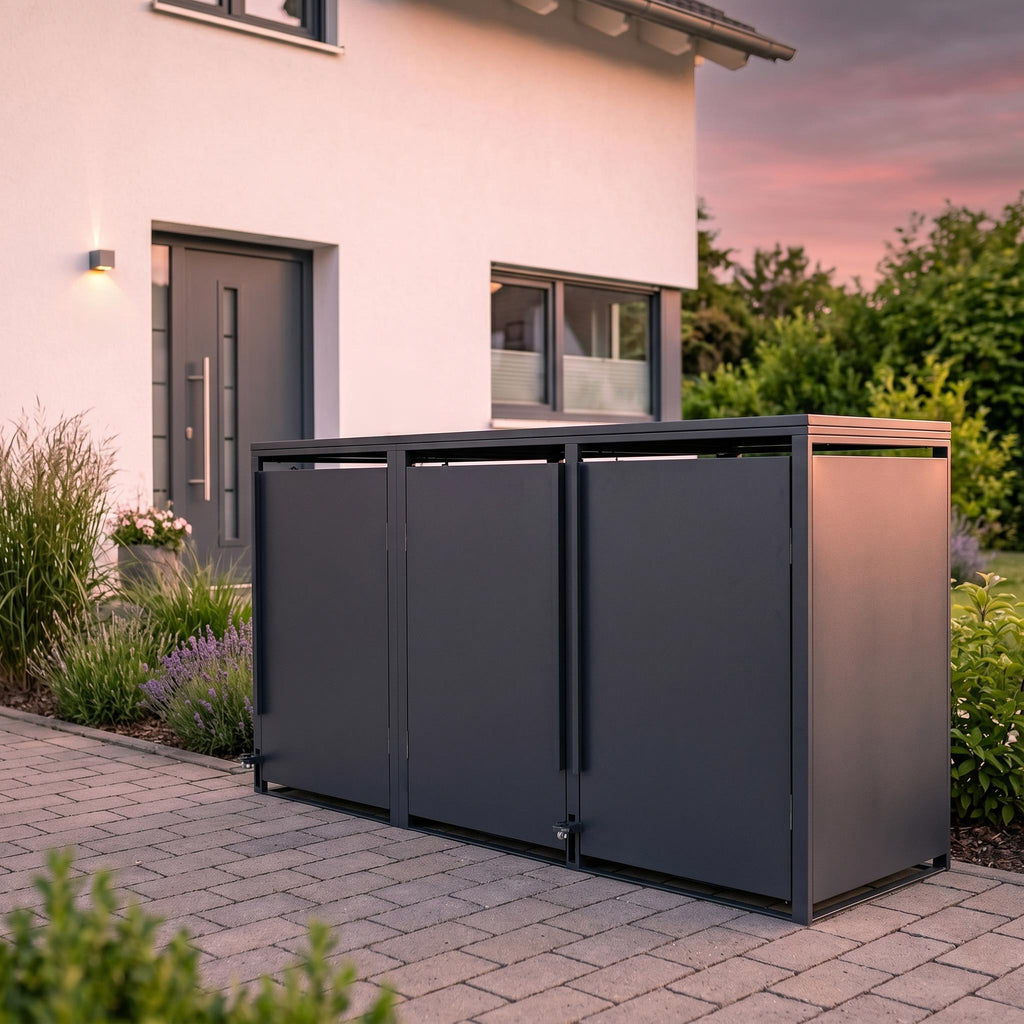 Metzler Mülltonnenbox | Freihändige Bedienung per Fußpedal | 3er | 240l | Stahl pulverbeschichtet | RAL 7016 Anthrazit