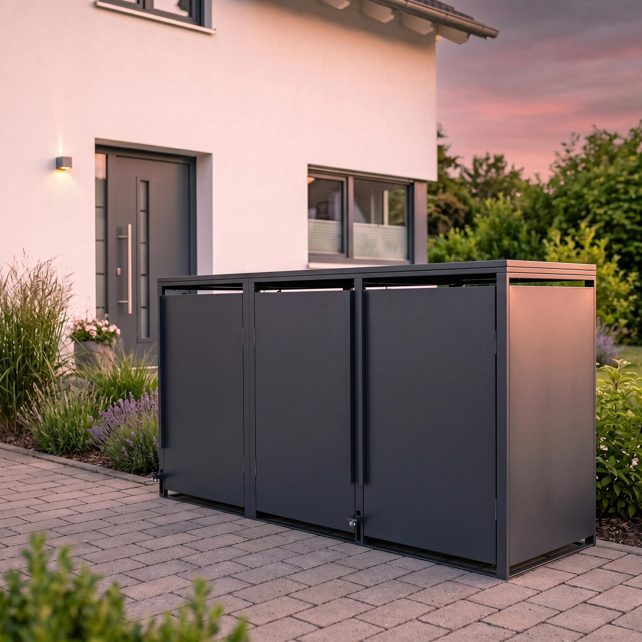 Metzler Mülltonnenbox | Freihändige Bedienung per Fußpedal | 3er | 240l | Stahl pulverbeschichtet | RAL 7016 Anthrazit