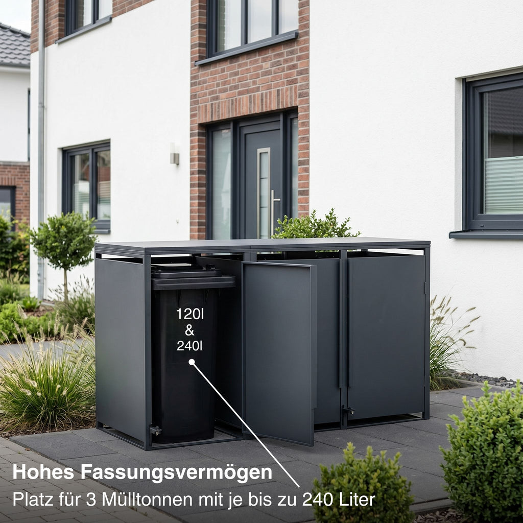 Metzler Mülltonnenbox | Freihändige Bedienung per Fußpedal | 3er | 240l | Stahl pulverbeschichtet | RAL 7016 Anthrazit