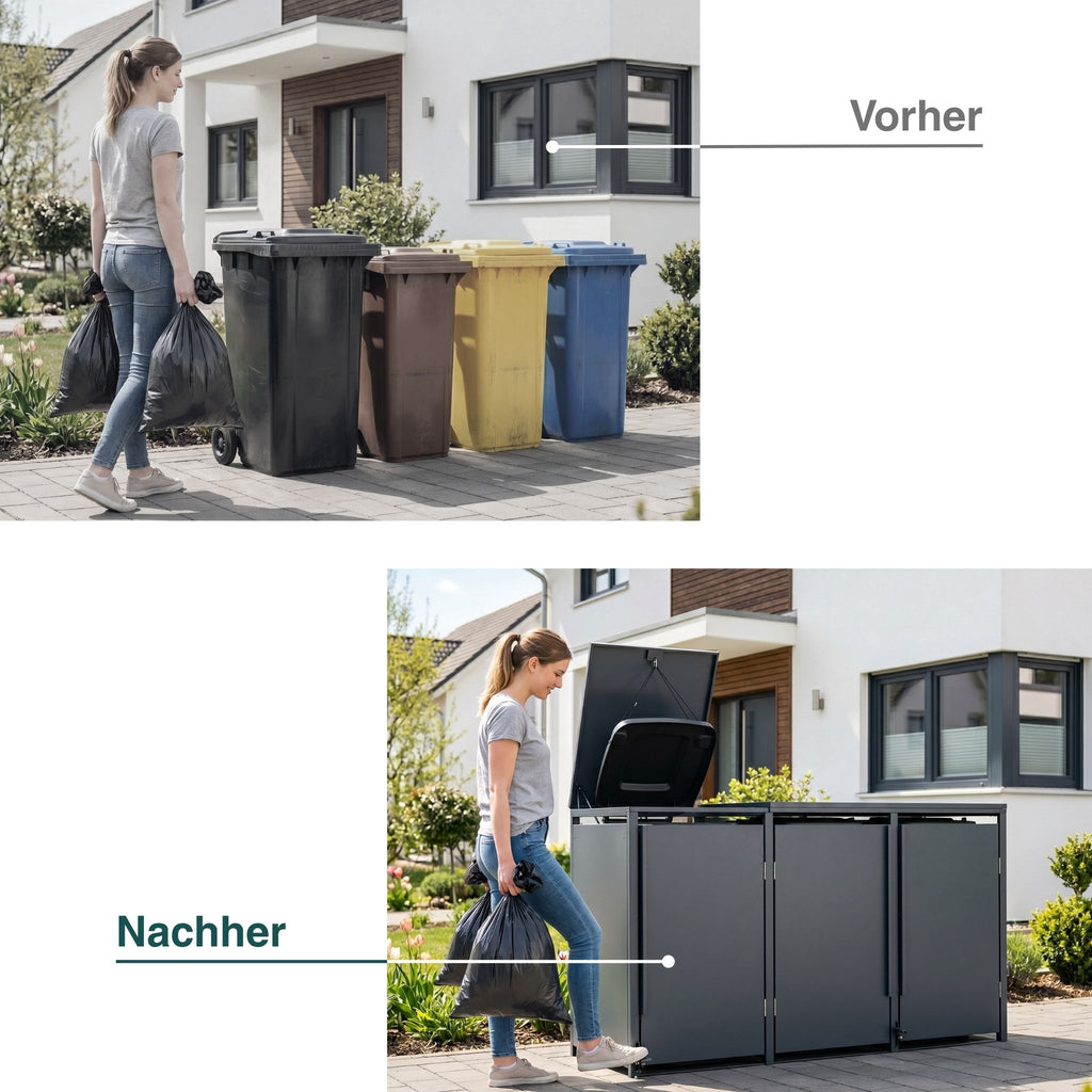 Metzler Mülltonnenbox | Freihändige Bedienung per Fußpedal | 3er | 240l | Stahl pulverbeschichtet | RAL 7016 Anthrazit