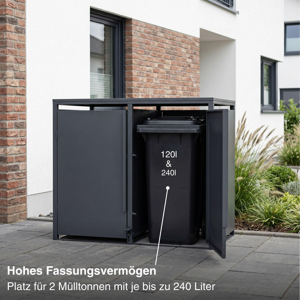 Metzler Mülltonnenbox | Freihändige Bedienung per Fußpedal | 2er | 240l | Stahl pulverbeschichtet | RAL 7016 Anthrazit