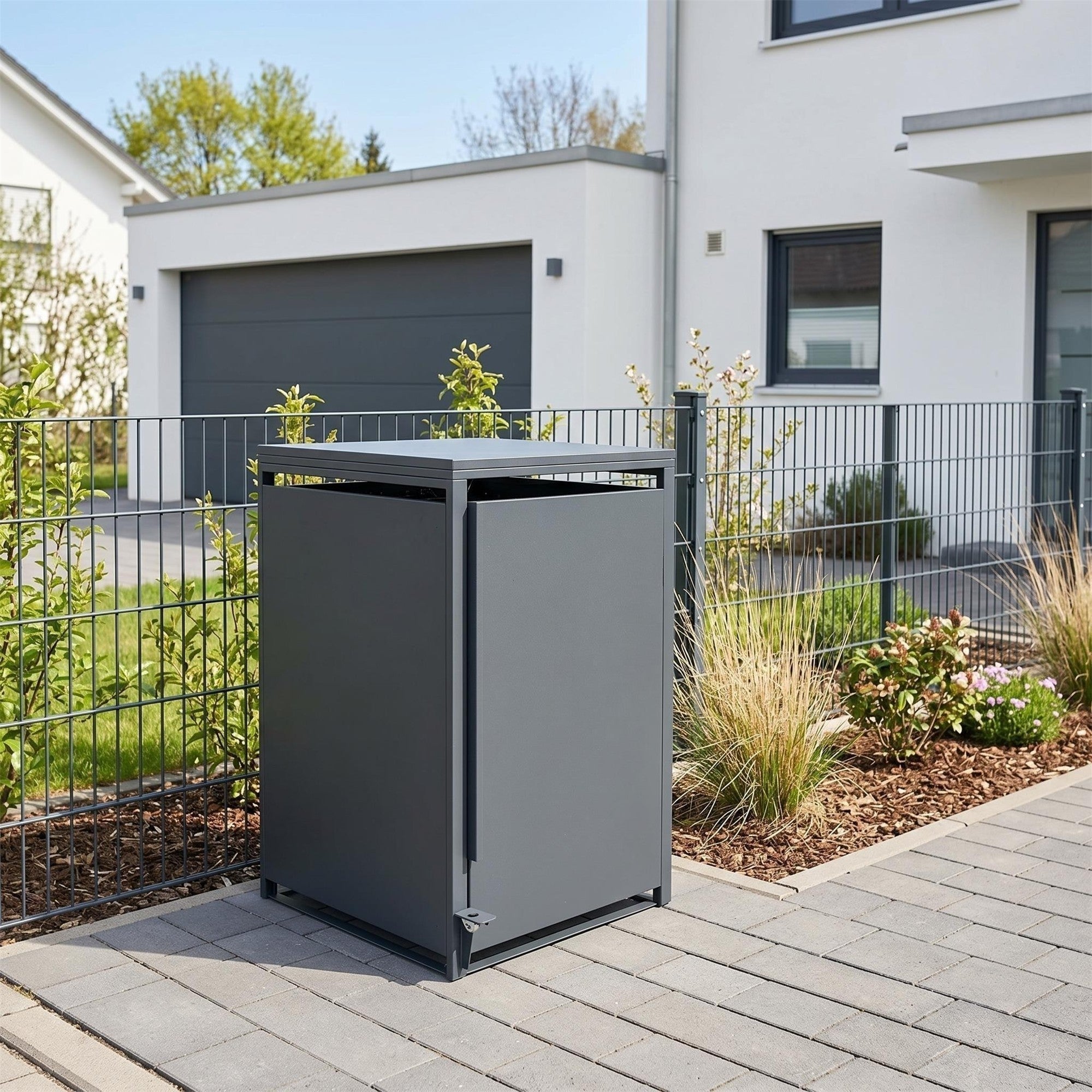 Metzler Mülltonnenbox | Freihändige Bedienung per Fußpedal | 1er | 240l | Stahl pulverbeschichtet | RAL 7016 Anthrazit