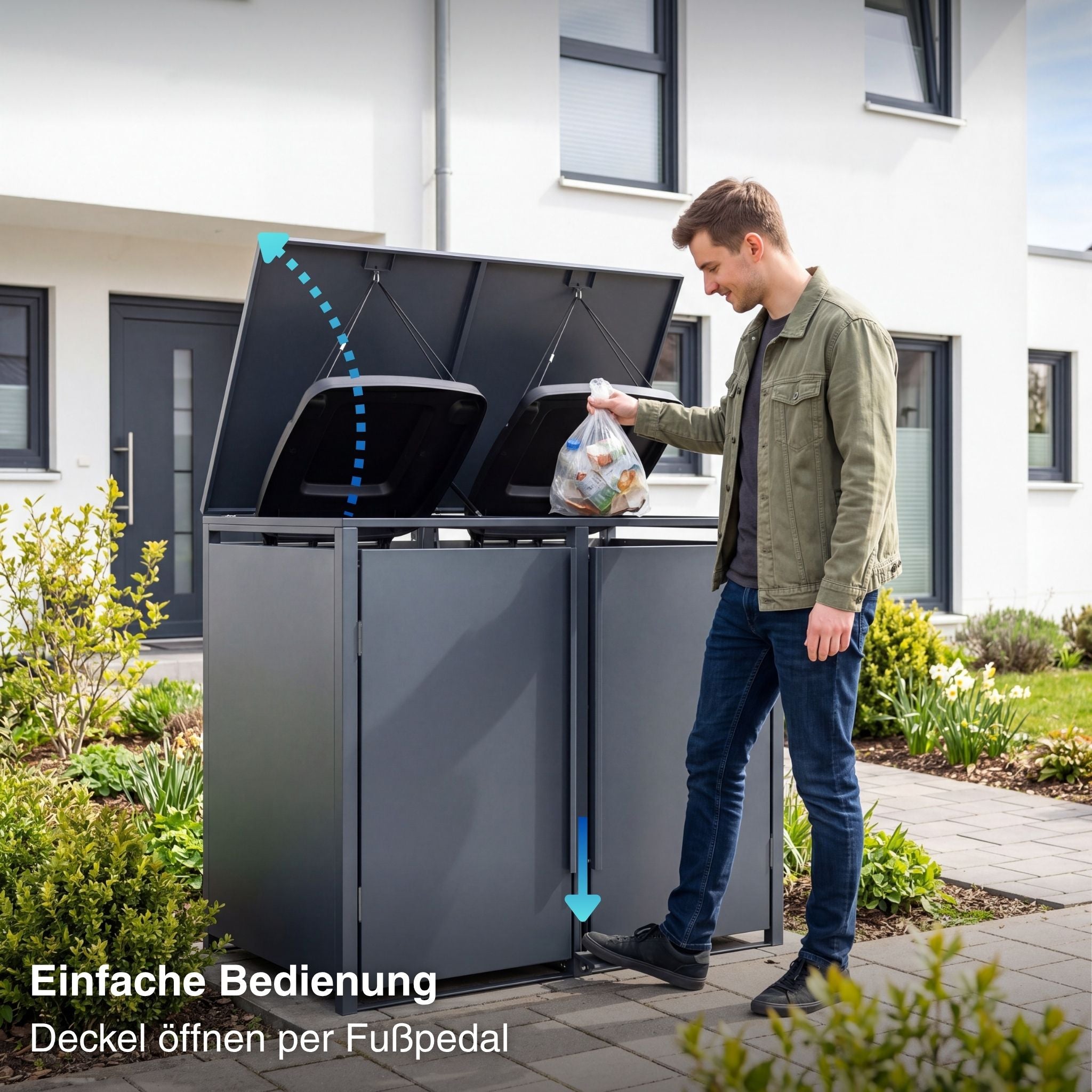 Metzler Mülltonnenbox | Freihändige Bedienung per Fußpedal | 2er | 240l | Stahl pulverbeschichtet | RAL 7016 Anthrazit