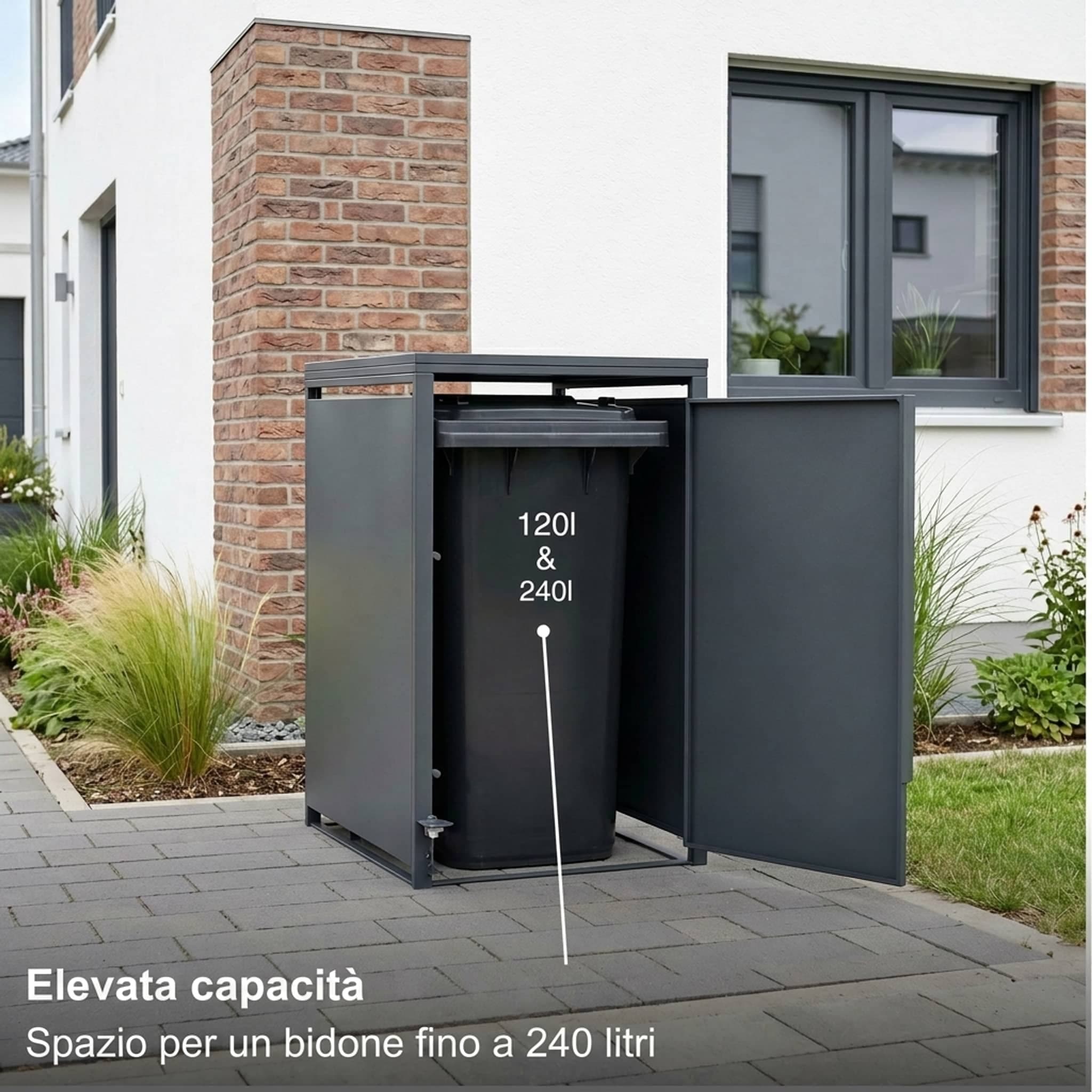 Metzler Mülltonnenbox | Freihändige Bedienung per Fußpedal | 1er | 240l | Stahl pulverbeschichtet | RAL 7016 Anthrazit