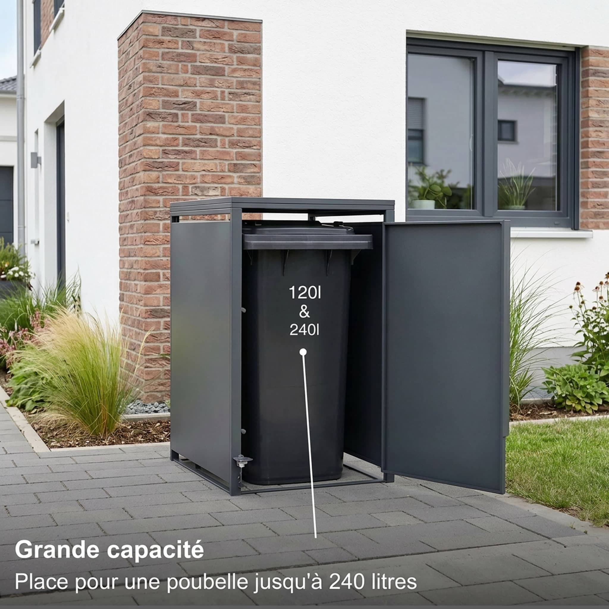 Metzler Mülltonnenbox | Freihändige Bedienung per Fußpedal | 1er | 240l | Stahl pulverbeschichtet | RAL 7016 Anthrazit