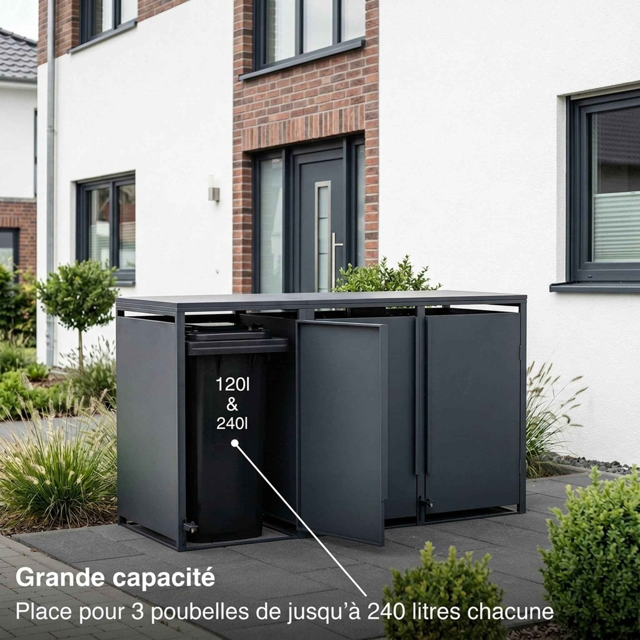 Metzler Mülltonnenbox | Freihändige Bedienung per Fußpedal | 3er | 240l | Stahl pulverbeschichtet | RAL 7016 Anthrazit