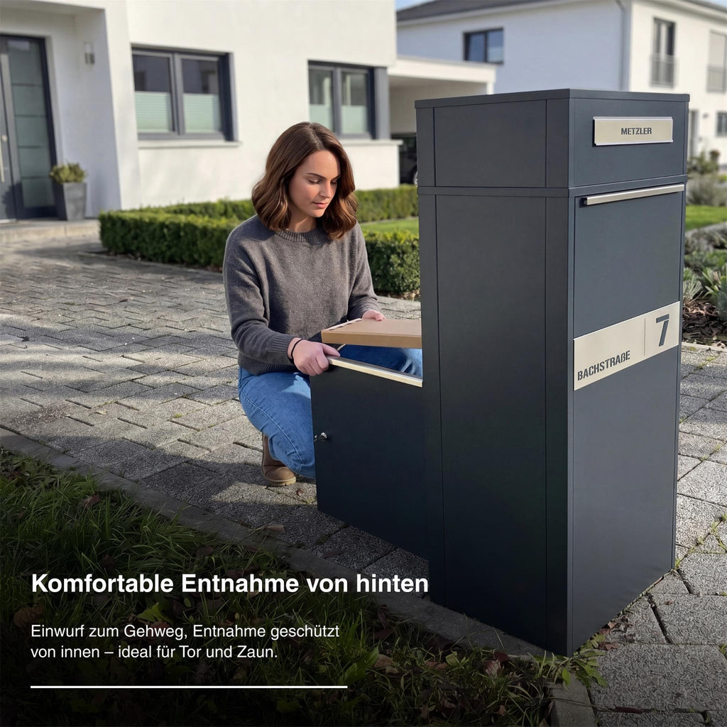 Metzler Paketbox mit Briefkasten | Entnahme auf der Rückseite | personalisiert mit Gravur | Zivo 2
