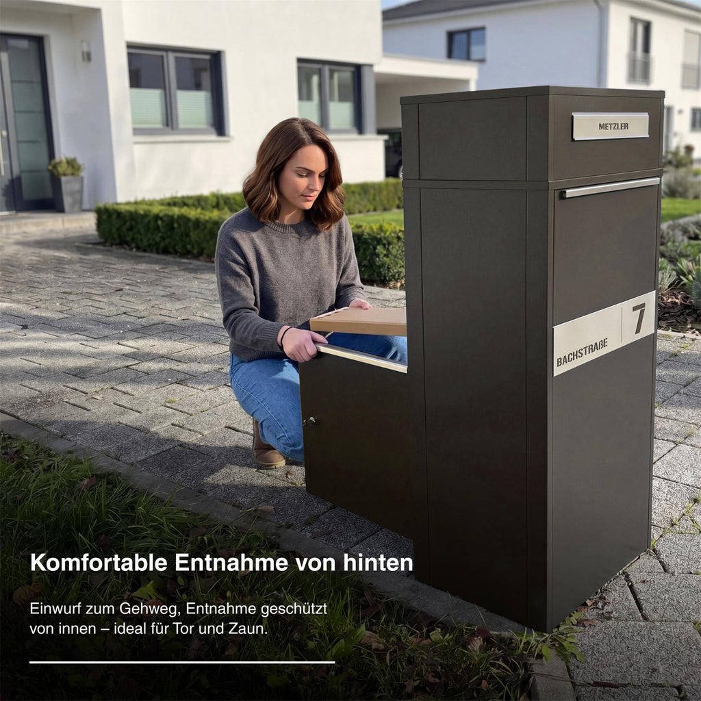 Metzler Paketbox mit Briefkasten | Entnahme auf der Rückseite | personalisiert mit Gravur | Zivo 2