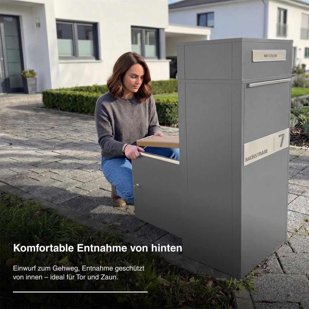 Metzler Paketbox mit Briefkasten | Entnahme auf der Rückseite | personalisiert mit Gravur | Zivo 2