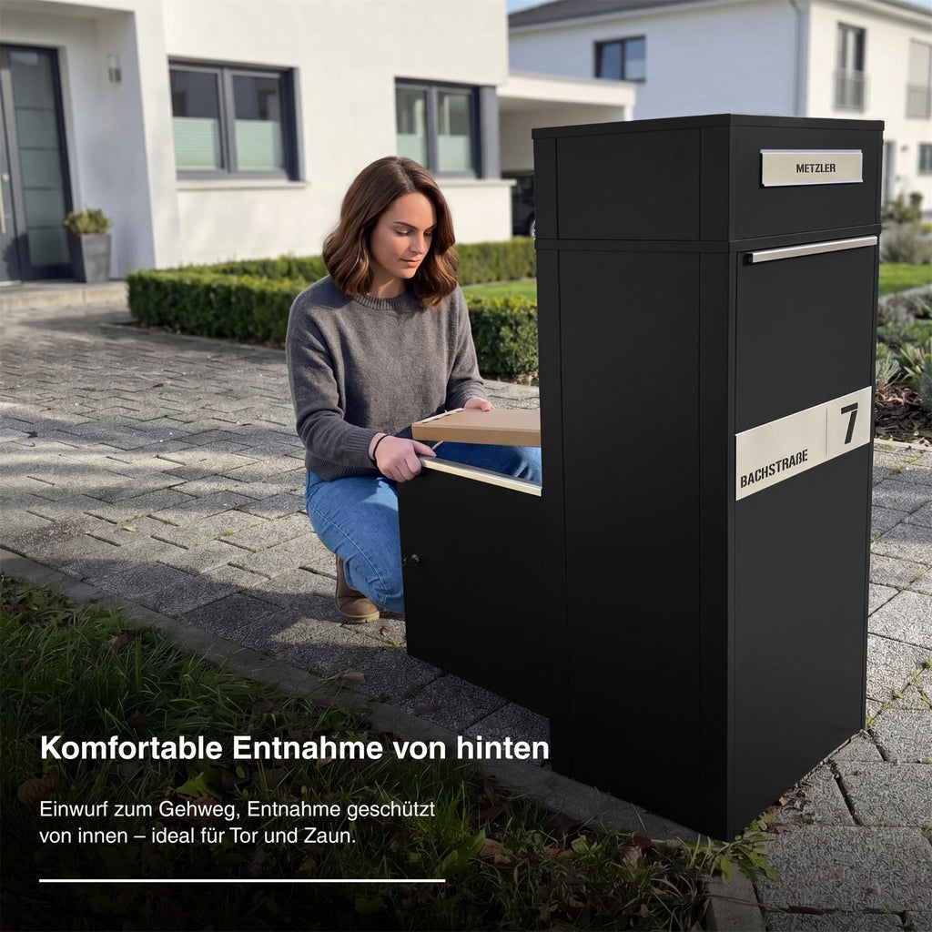 Metzler Paketbox mit Briefkasten | Entnahme auf der Rückseite | personalisiert mit Gravur | Zivo 2