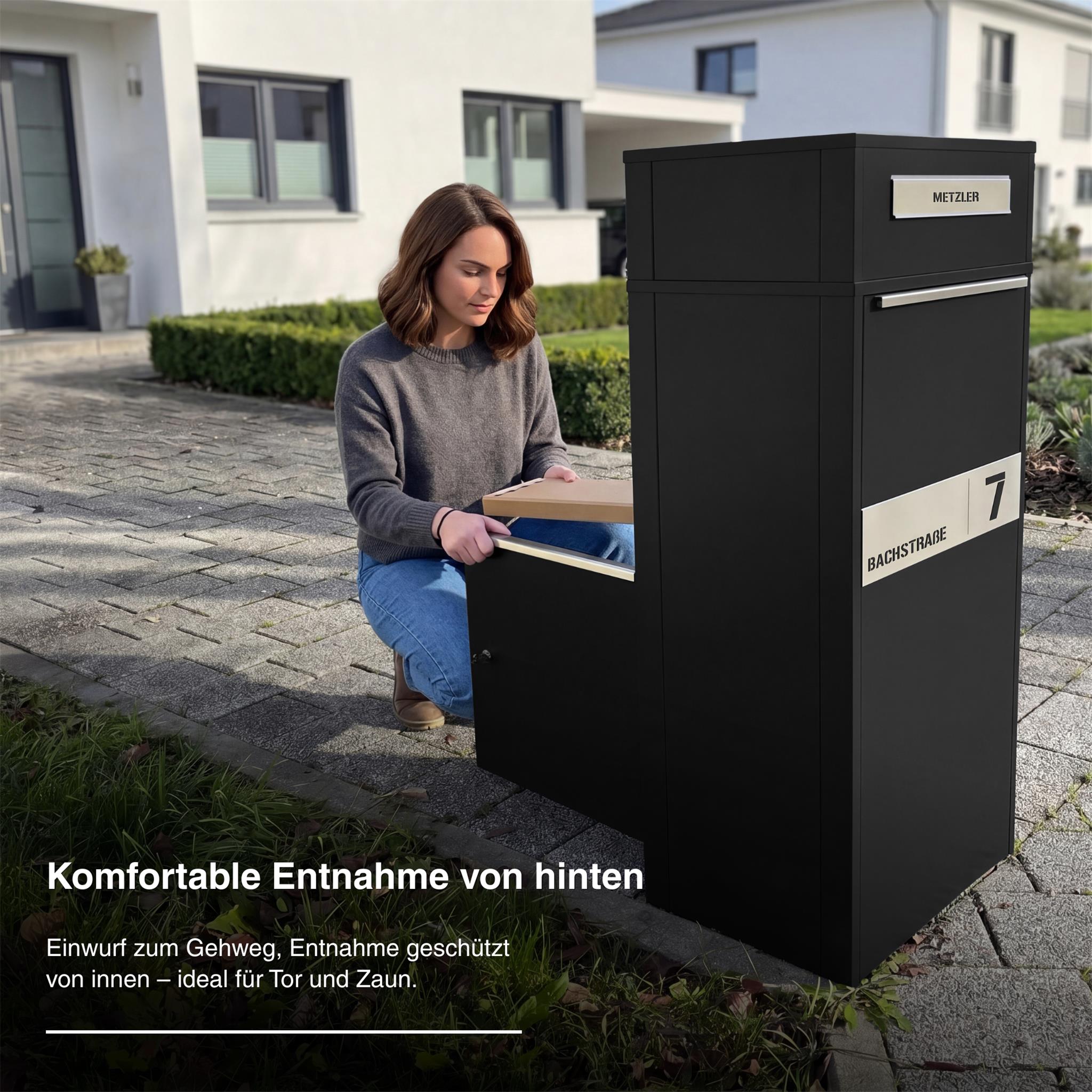 Metzler Paketbox mit Briefkasten | Entnahme auf der Rückseite | personalisiert mit Gravur | Zivo 2