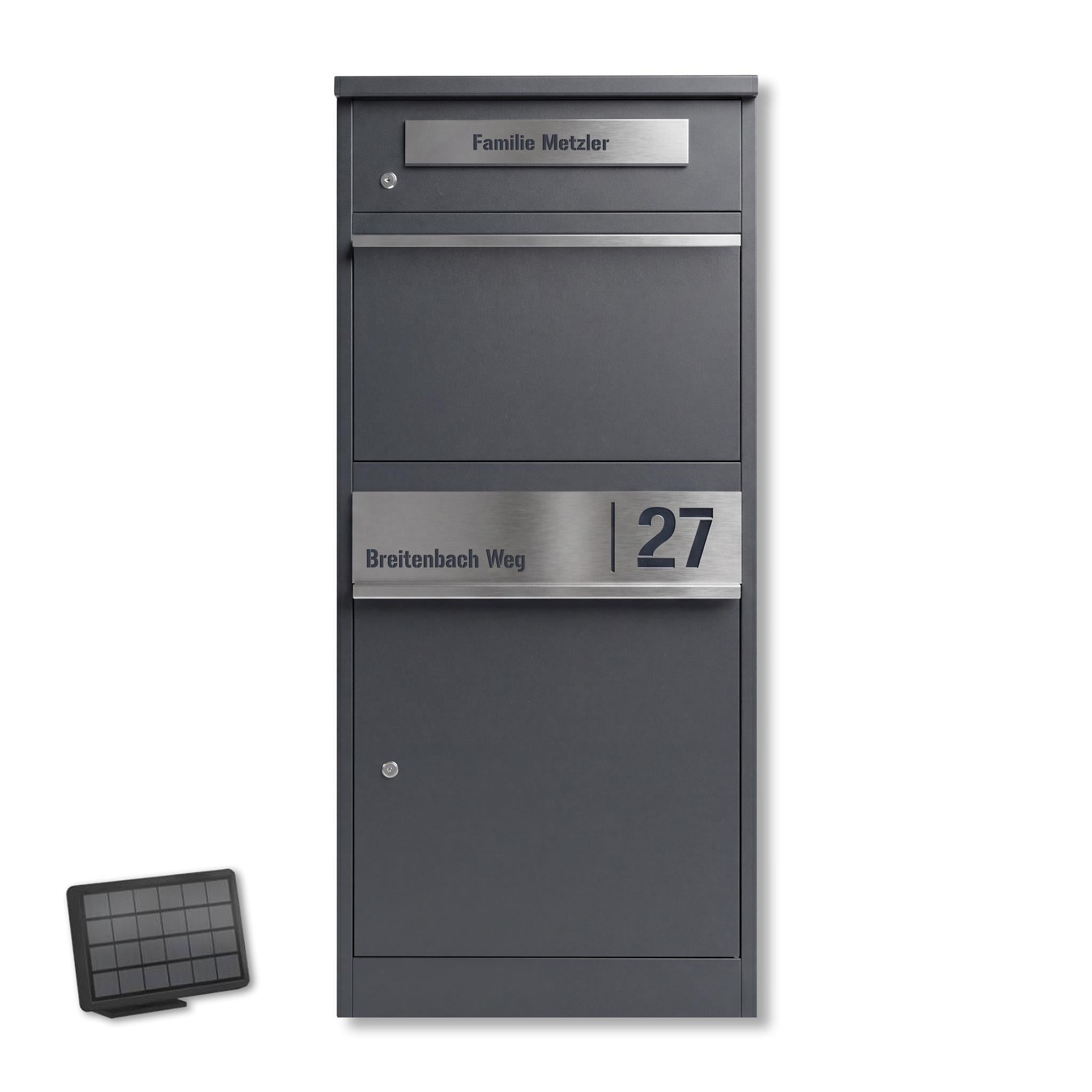 Metzler Paketbox mit Briefkasten | mit LED | seitliche Sichtfenster | personalisiert mit Gravur | Bispo 2