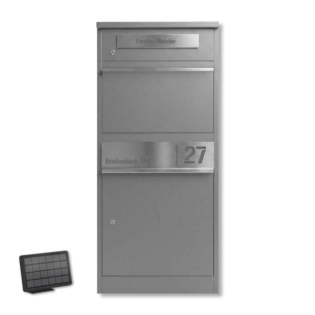 Metzler Paketbox mit Briefkasten | mit LED | seitliche Sichtfenster | personalisiert mit Gravur | Bispo 2
