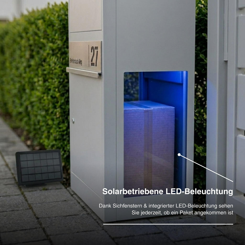 Metzler Paketbox mit Briefkasten | mit LED | seitliche Sichtfenster | personalisiert mit Gravur | Bispo 2