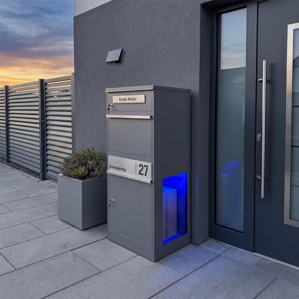Metzler Paketbox mit Briefkasten | mit LED | seitliche Sichtfenster | personalisiert mit Gravur | Bispo 2
