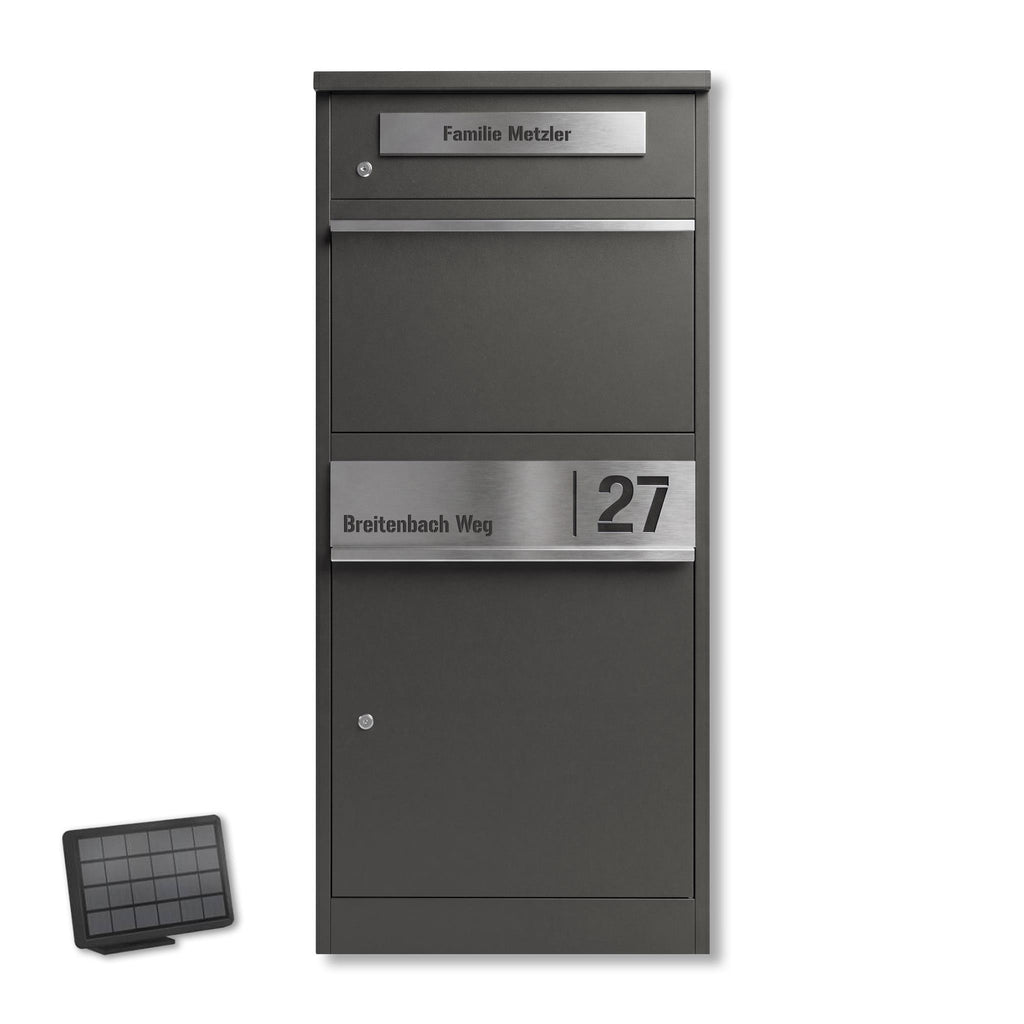 Metzler Paketbox mit Briefkasten | mit LED | seitliche Sichtfenster | personalisiert mit Gravur | Bispo 2