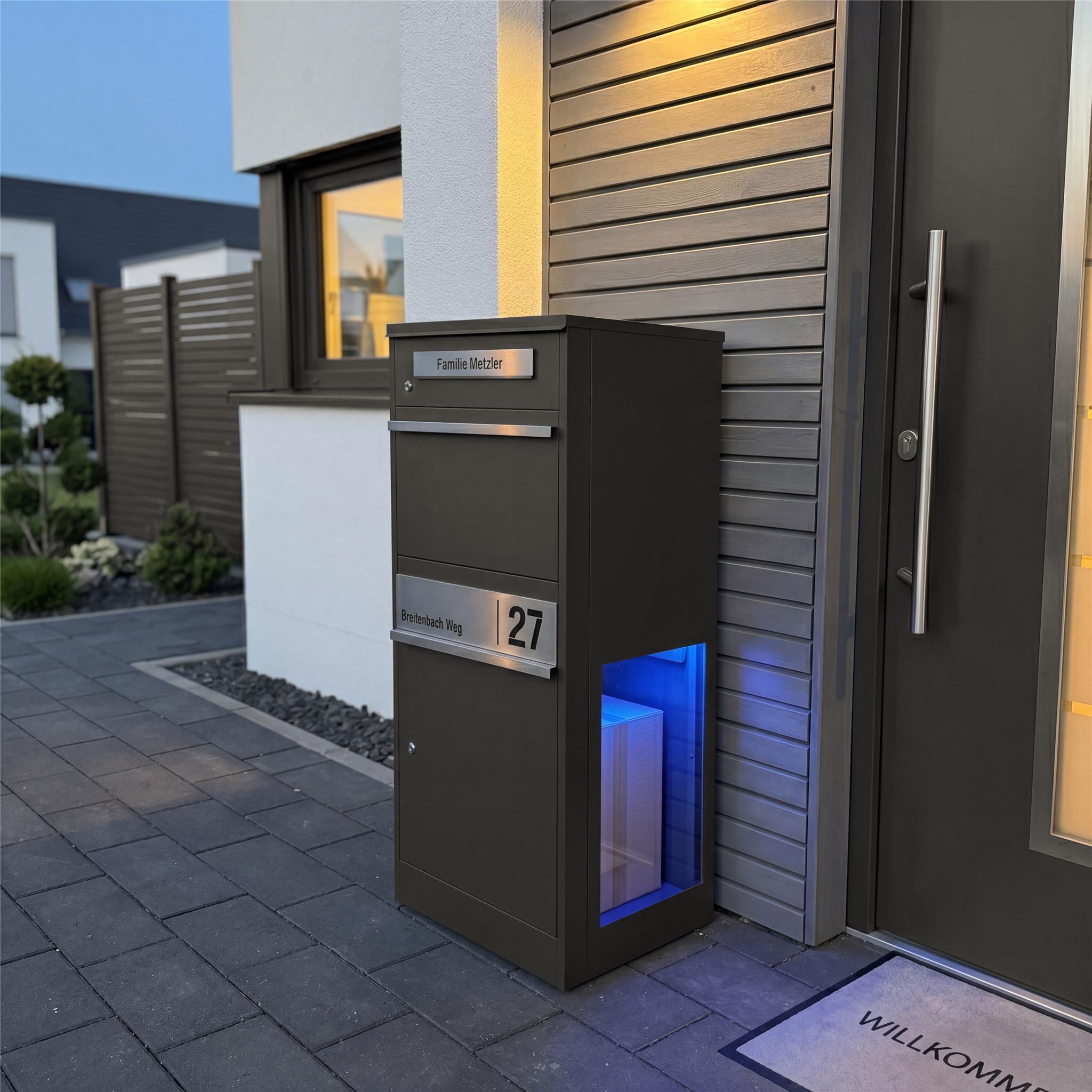 Metzler Paketbox mit Briefkasten | mit LED | seitliche Sichtfenster | personalisiert mit Gravur | Bispo 2