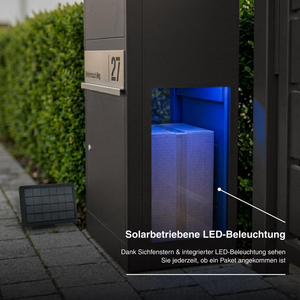 Metzler Paketbox mit Briefkasten | mit LED | seitliche Sichtfenster | personalisiert mit Gravur | Bispo 2