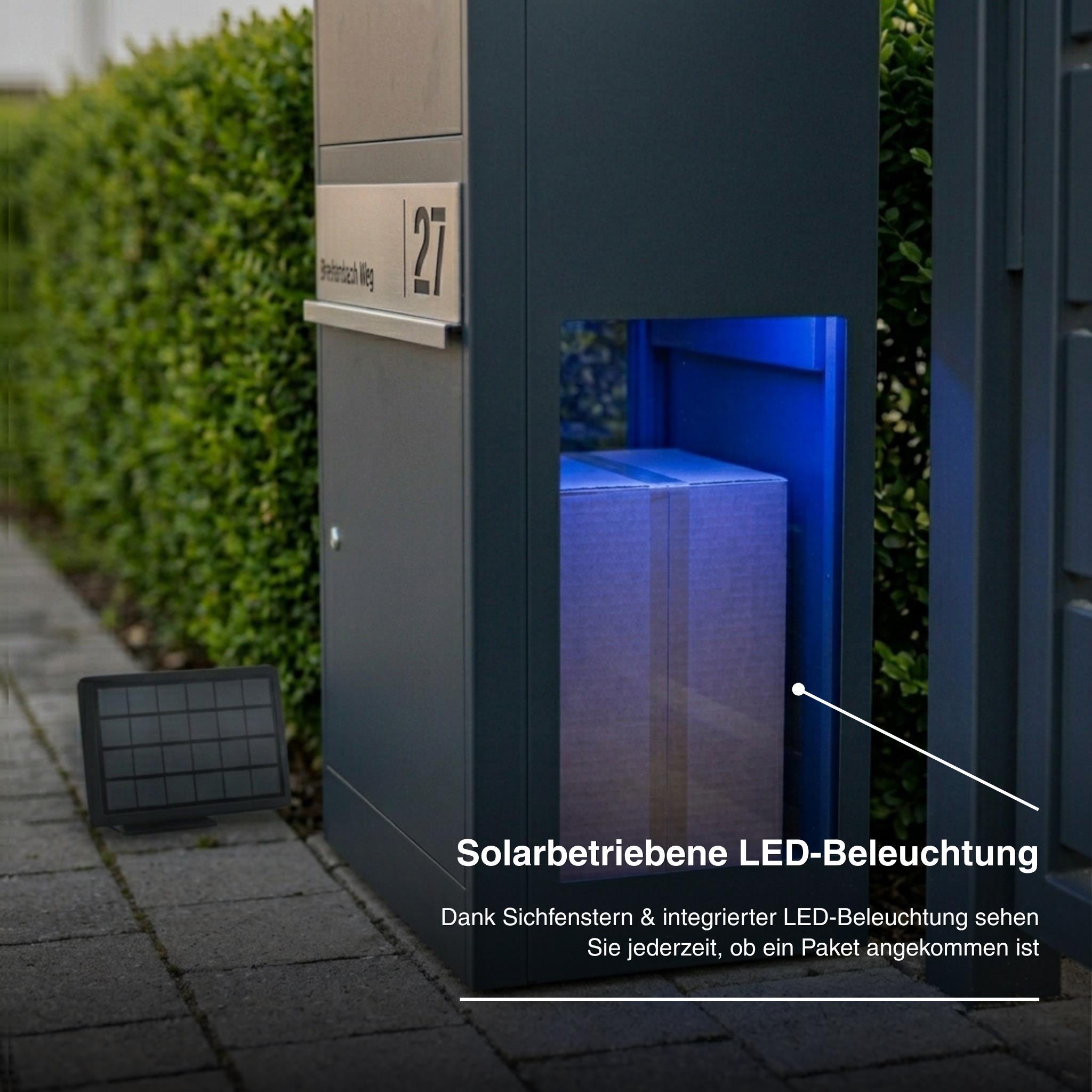Metzler Paketbox mit Briefkasten | mit LED | seitliche Sichtfenster | personalisiert mit Gravur | Bispo 2