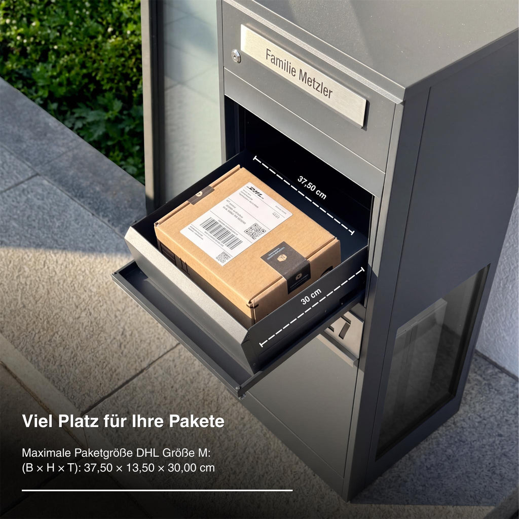 Metzler Paketbox mit Briefkasten | mit LED | seitliche Sichtfenster | personalisiert mit Gravur | Bispo 2