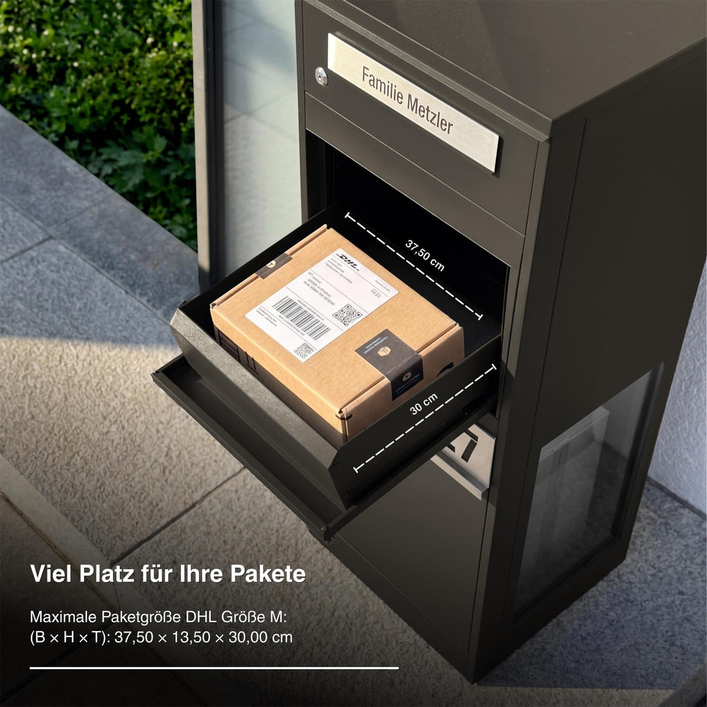 Metzler Paketbox mit Briefkasten | mit LED | seitliche Sichtfenster | personalisiert mit Gravur | Bispo 2
