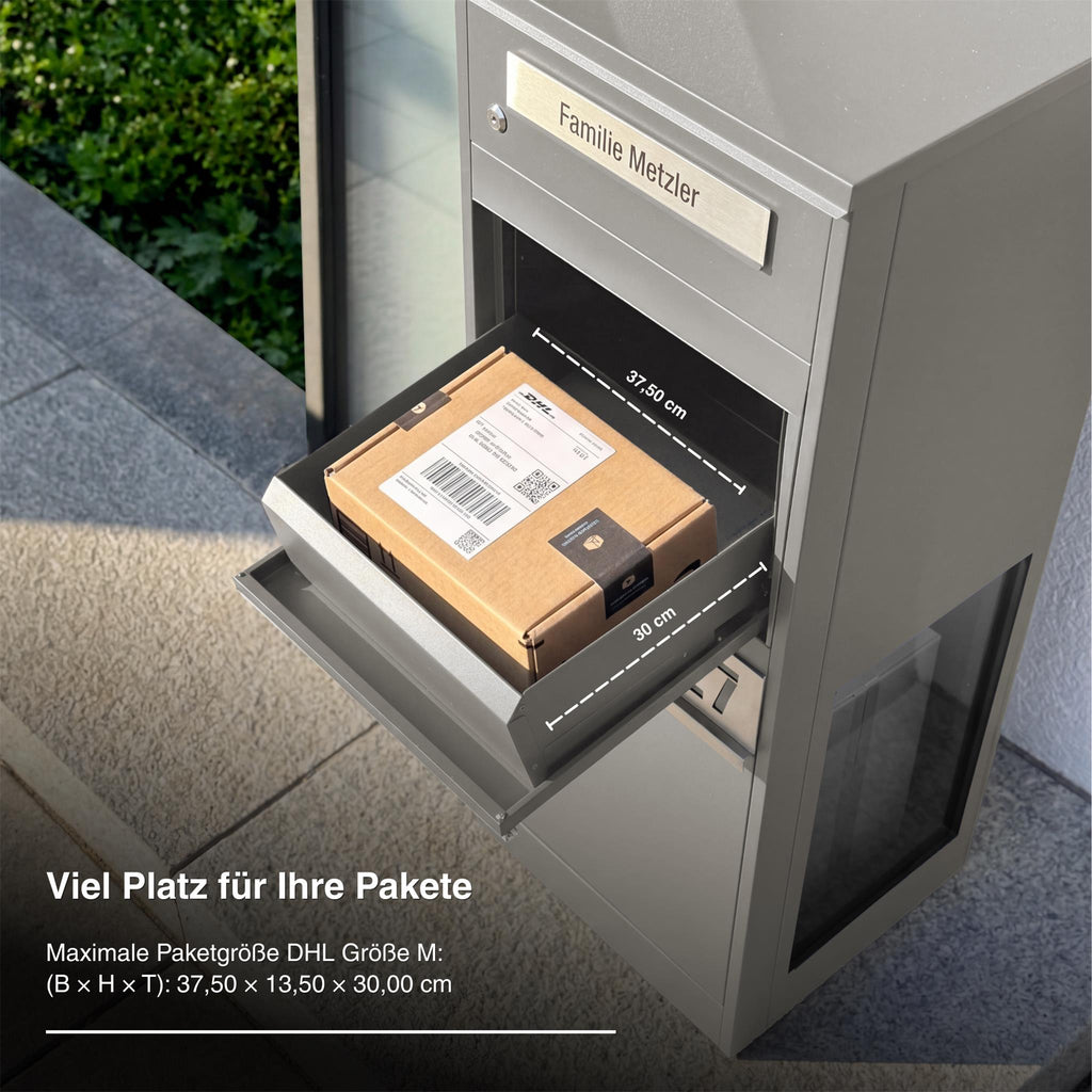 Metzler Paketbox mit Briefkasten | mit LED | seitliche Sichtfenster | personalisiert mit Gravur | Bispo 2