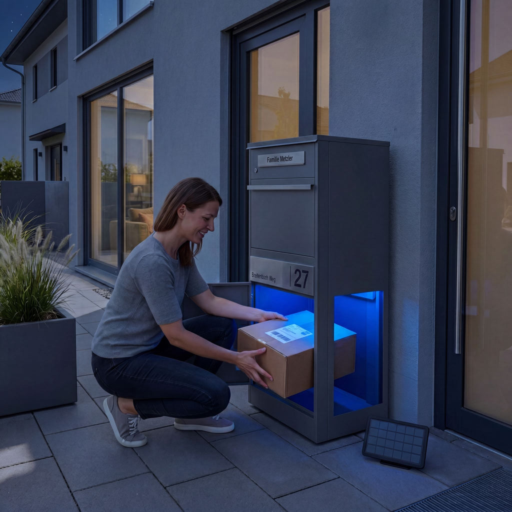 Metzler Paketbox mit Briefkasten | mit LED | seitliche Sichtfenster | personalisiert mit Gravur | Bispo 2