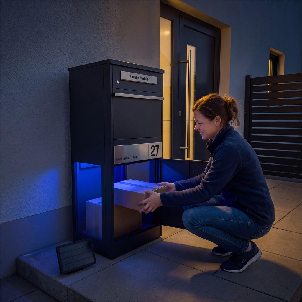 Metzler Paketbox mit Briefkasten | mit LED | seitliche Sichtfenster | personalisiert mit Gravur | Bispo 2